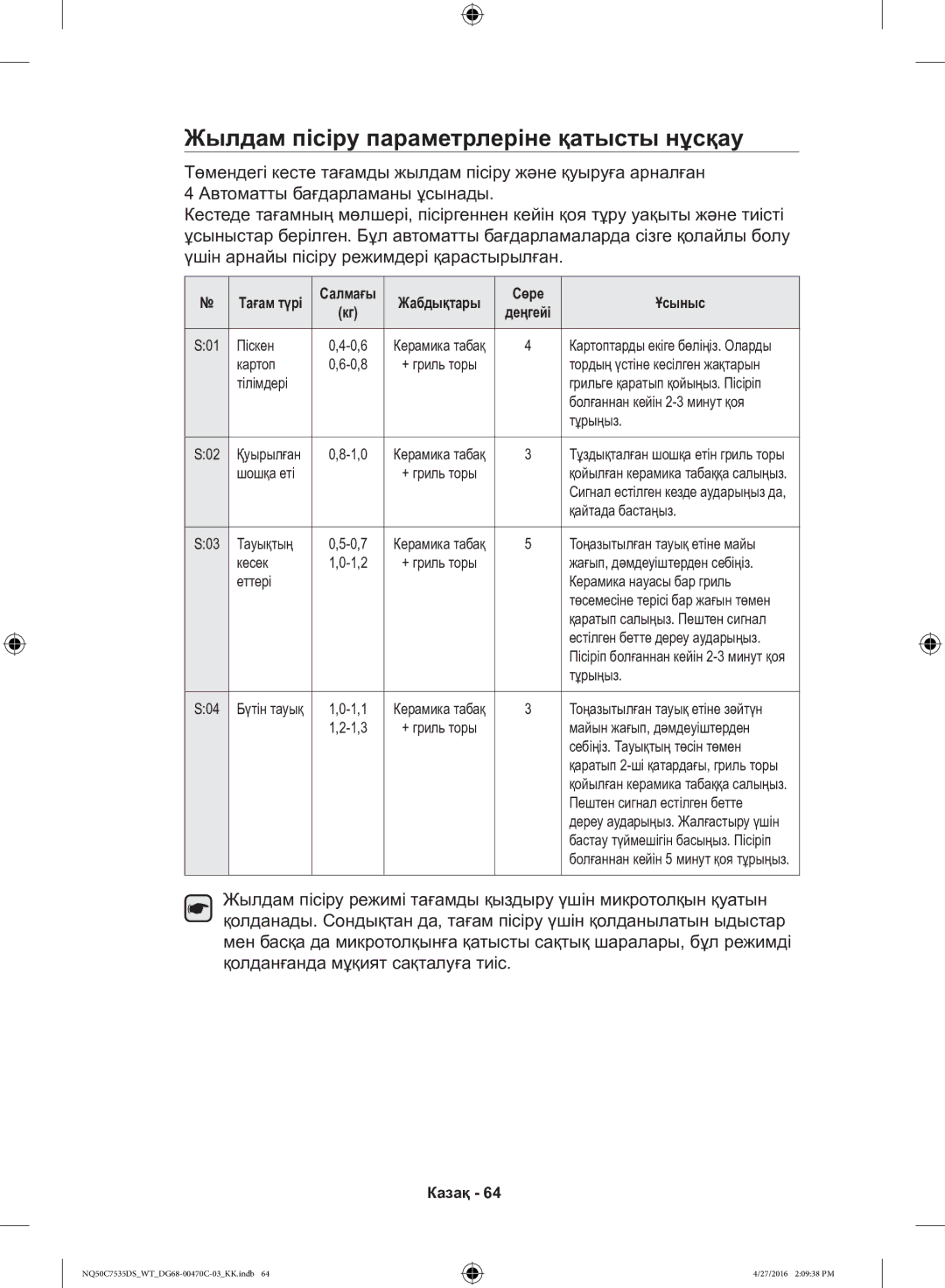 Samsung NQ50C7535DS/WT manual Жылдам пісіру параметрлеріне қатысты нұсқау 