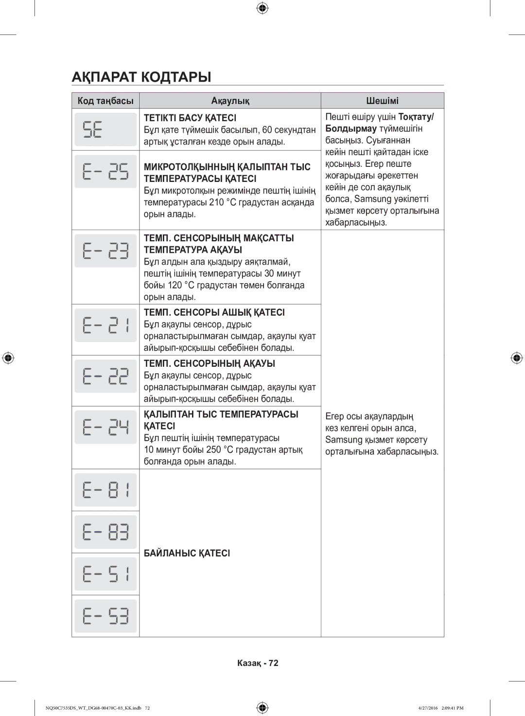 Samsung NQ50C7535DS/WT manual Ақпарат Кодтары, Код таңбасы Ақаулық Шешімі, Болдырмау түймешігін 