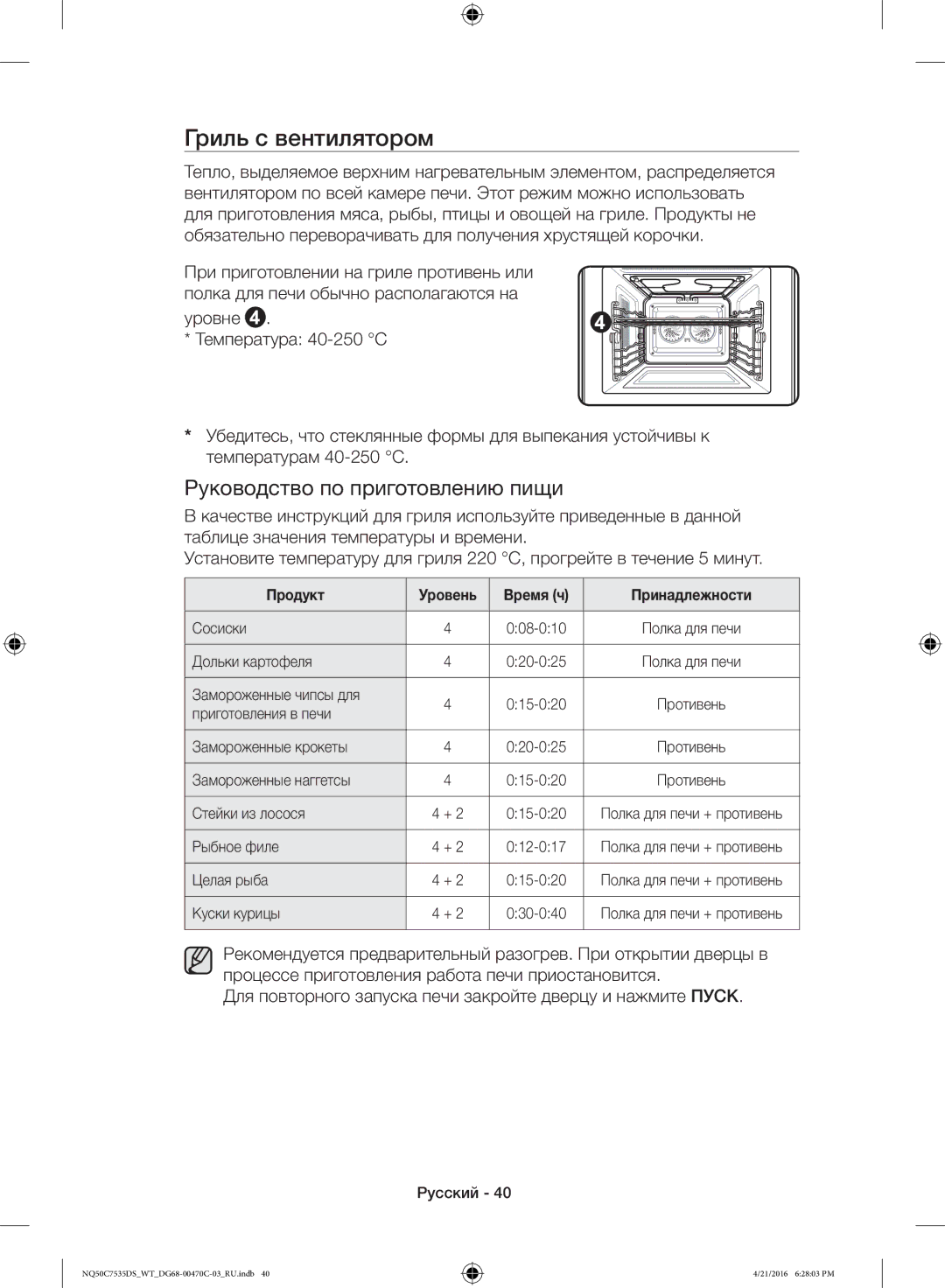 Samsung NQ50C7535DS/WT manual Гриль с вентилятором, Продукт Уровень Время ч Принадлежности 