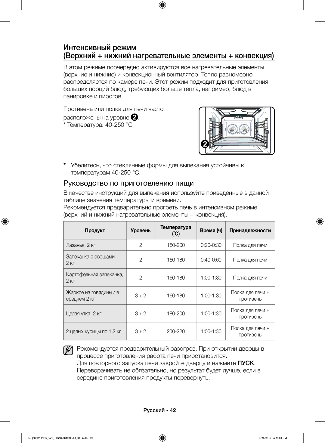 Samsung NQ50C7535DS/WT Продукт Уровень Температура, Лазанья, 2 кг, Запеканка с овощами, Среднем 2 кг, Целая утка, 2 кг 