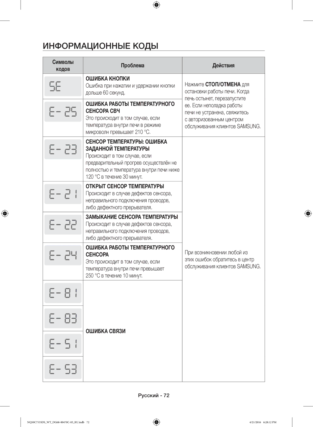 Samsung NQ50C7535DS/WT manual Информационные Коды, Проблема 