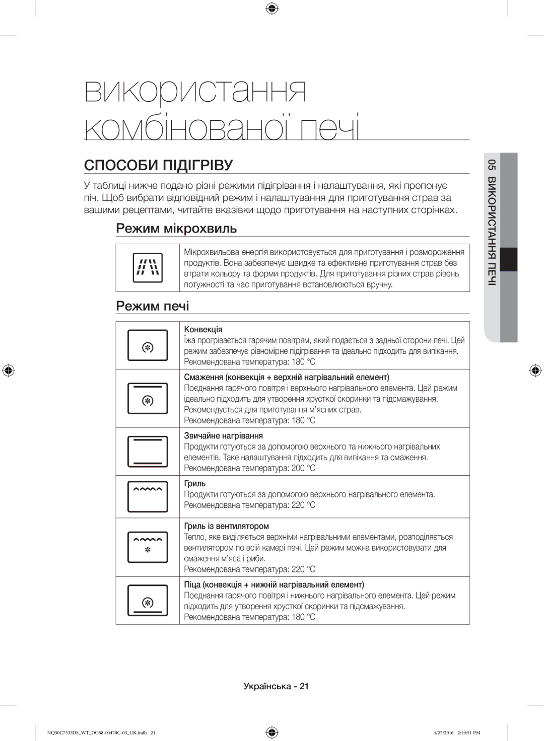 Samsung NQ50C7535DS/WT manual Способи Підігріву, Режим мікрохвиль, Режим печі 