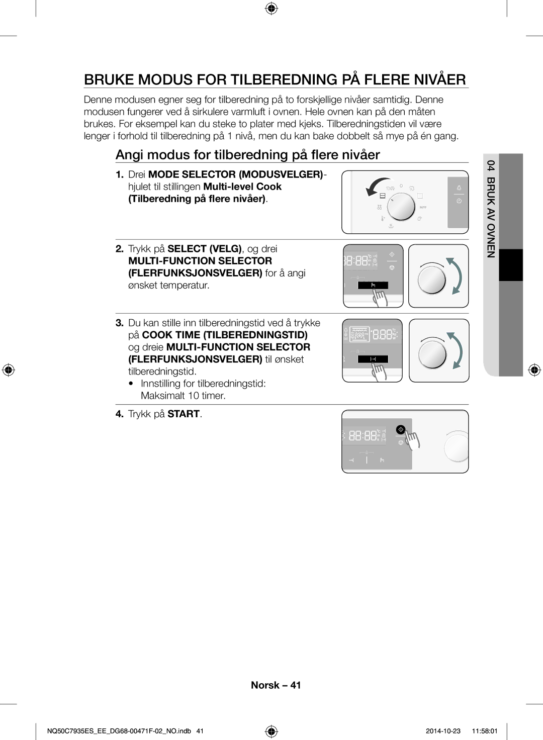 Samsung NQ50C7935ES/EE manual Bruke modus for tilberedning på flere nivåer, Angi modus for tilberedning på flere nivåer 