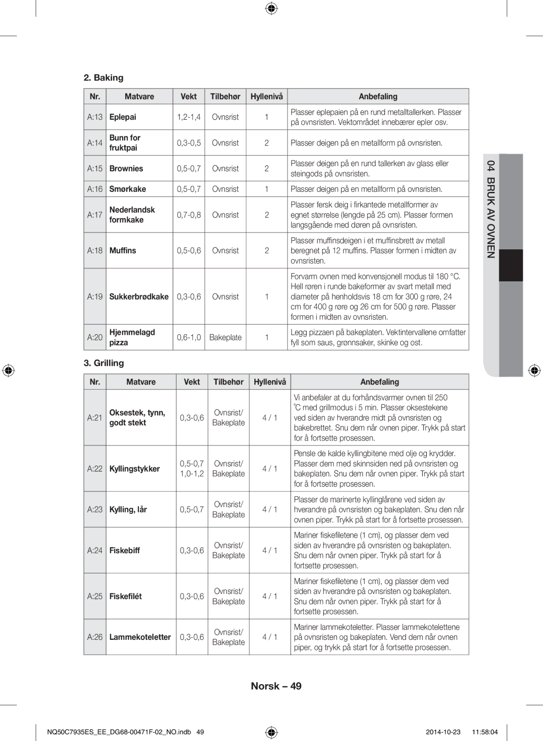 Samsung NQ50C7935ES/EE manual Baking, Grilling 