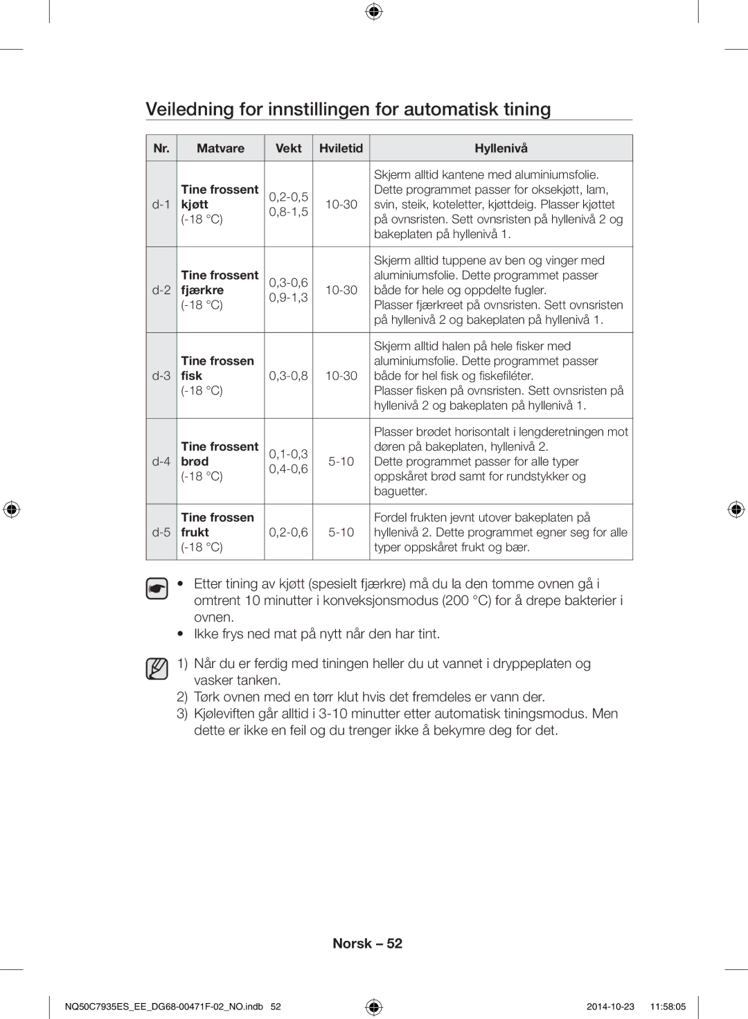 Samsung NQ50C7935ES/EE manual Veiledning for innstillingen for automatisk tining 