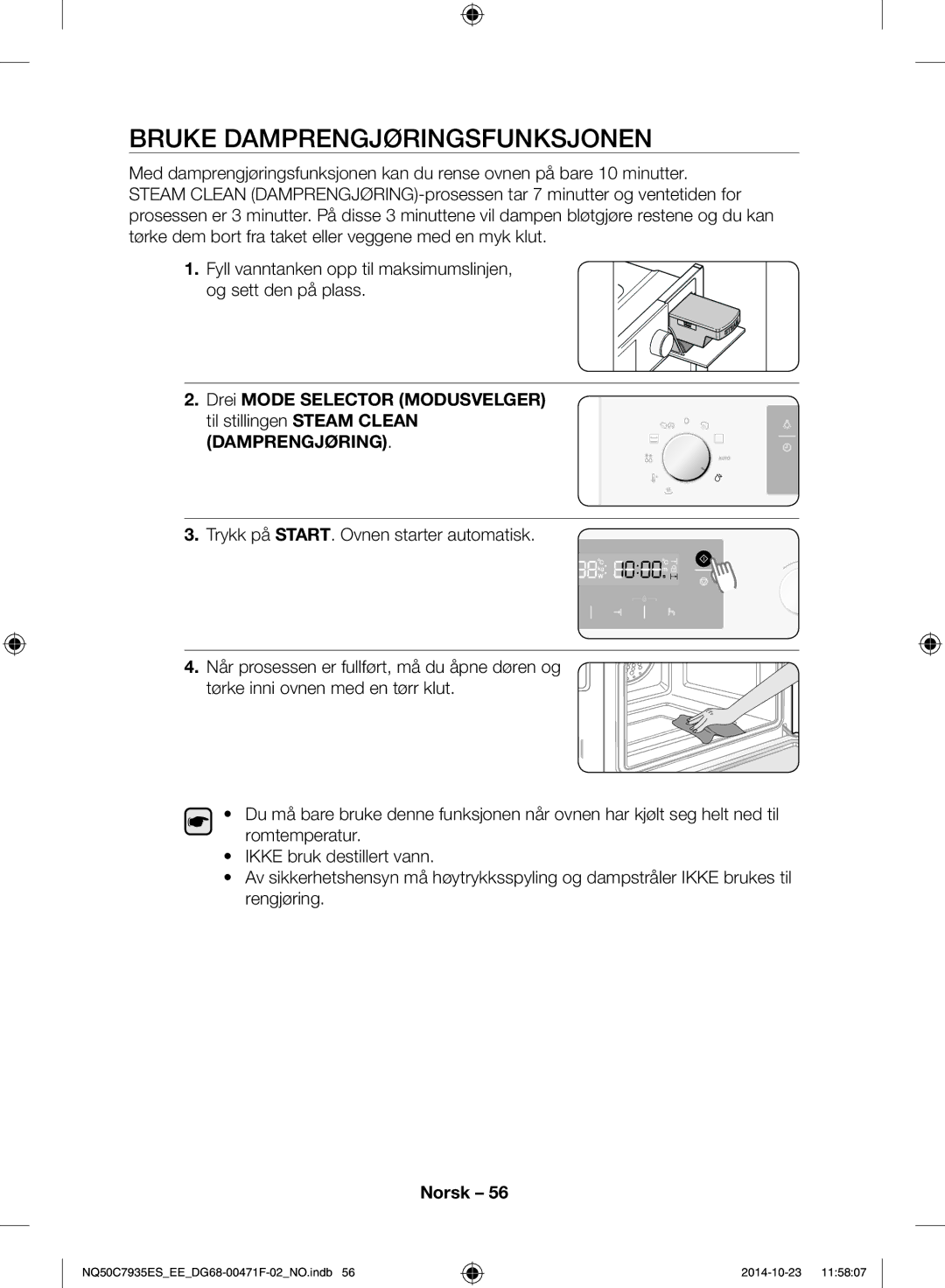 Samsung NQ50C7935ES/EE manual Bruke damprengjøringsfunksjonen 