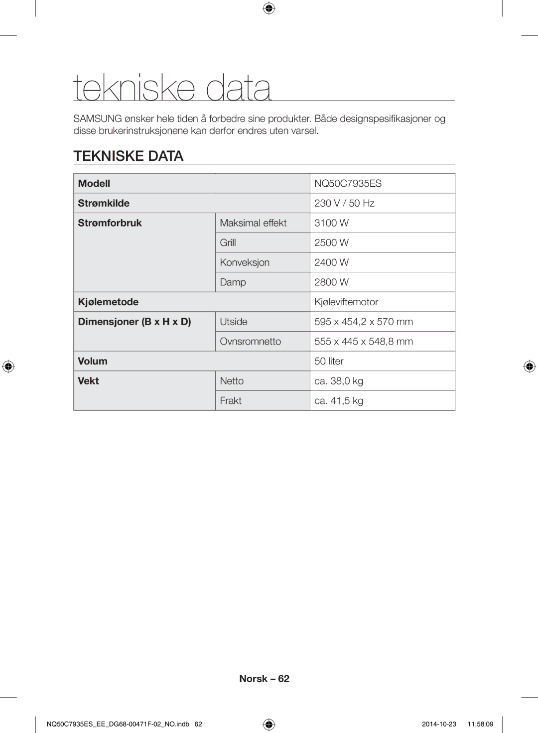 Samsung NQ50C7935ES/EE manual Tekniske data, Kjøleviftemotor 