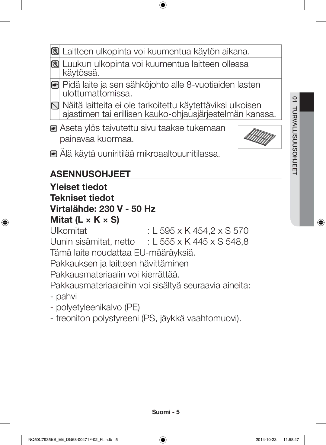 Samsung NQ50C7935ES/EE manual Ulkomitat K 454,2 x s Uunin sisämitat, netto K 445 x s 548,8 