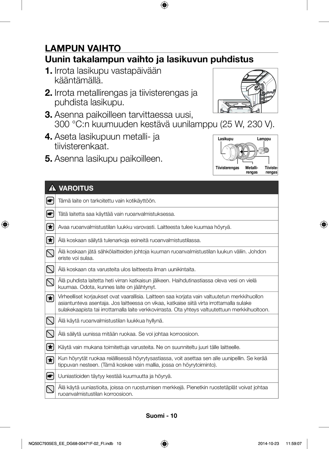 Samsung NQ50C7935ES/EE manual Lampun vaihto Uunin takalampun vaihto ja lasikuvun puhdistus 