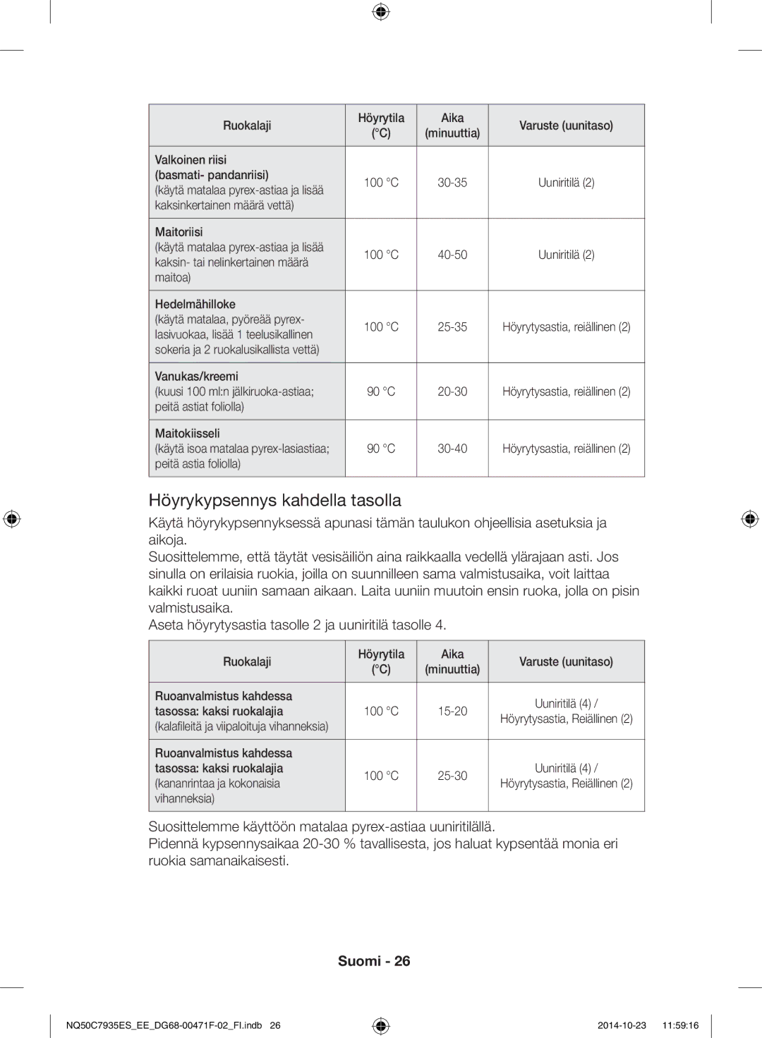 Samsung NQ50C7935ES/EE manual Höyrykypsennys kahdella tasolla 