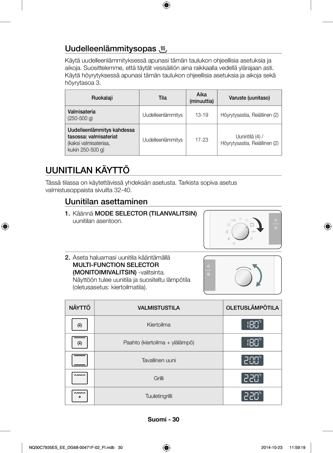Samsung NQ50C7935ES/EE manual Uunitilan käyttö, Uudelleenlämmitysopas, Uunitilan asettaminen 