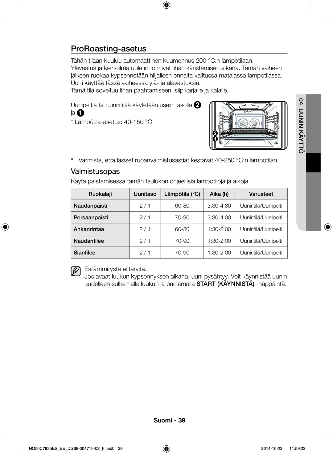 Samsung NQ50C7935ES/EE manual ProRoasting-asetus, Esilämmitystä ei tarvita 