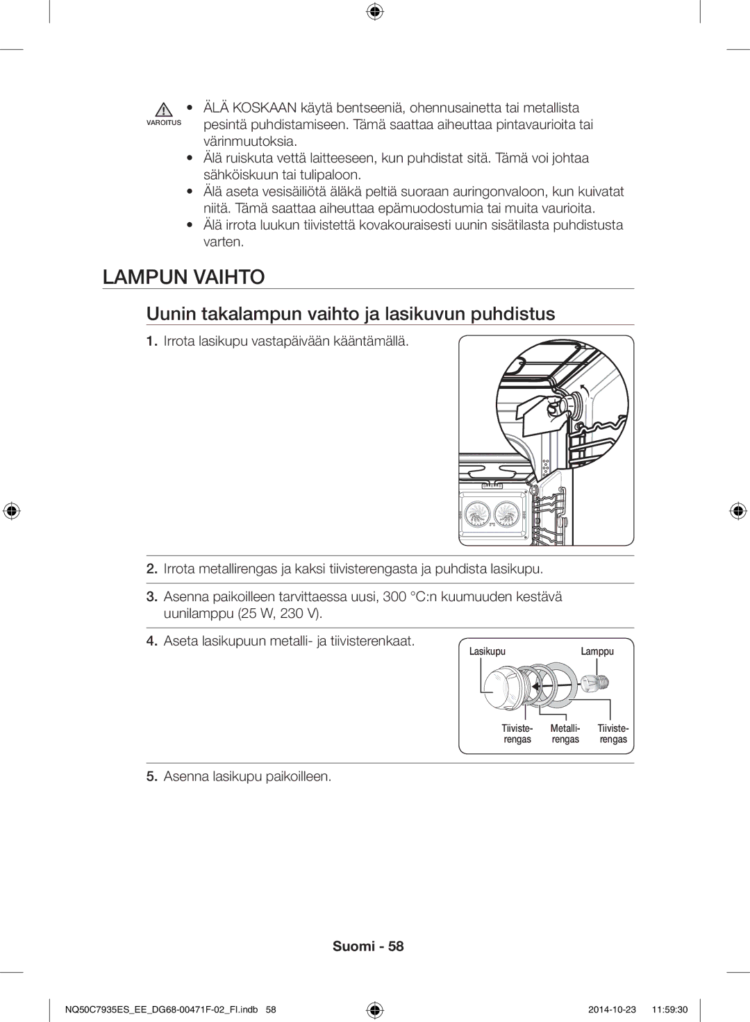 Samsung NQ50C7935ES/EE manual Lampun vaihto, Uunin takalampun vaihto ja lasikuvun puhdistus, Värinmuutoksia 