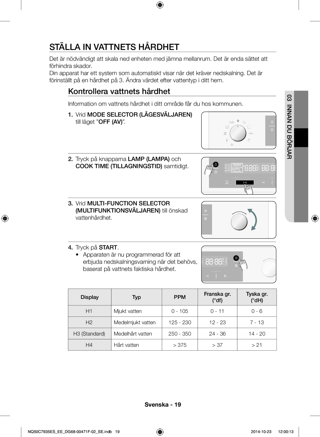 Samsung NQ50C7935ES/EE manual Ställa in vattnets hårdhet, Kontrollera vattnets hårdhet 