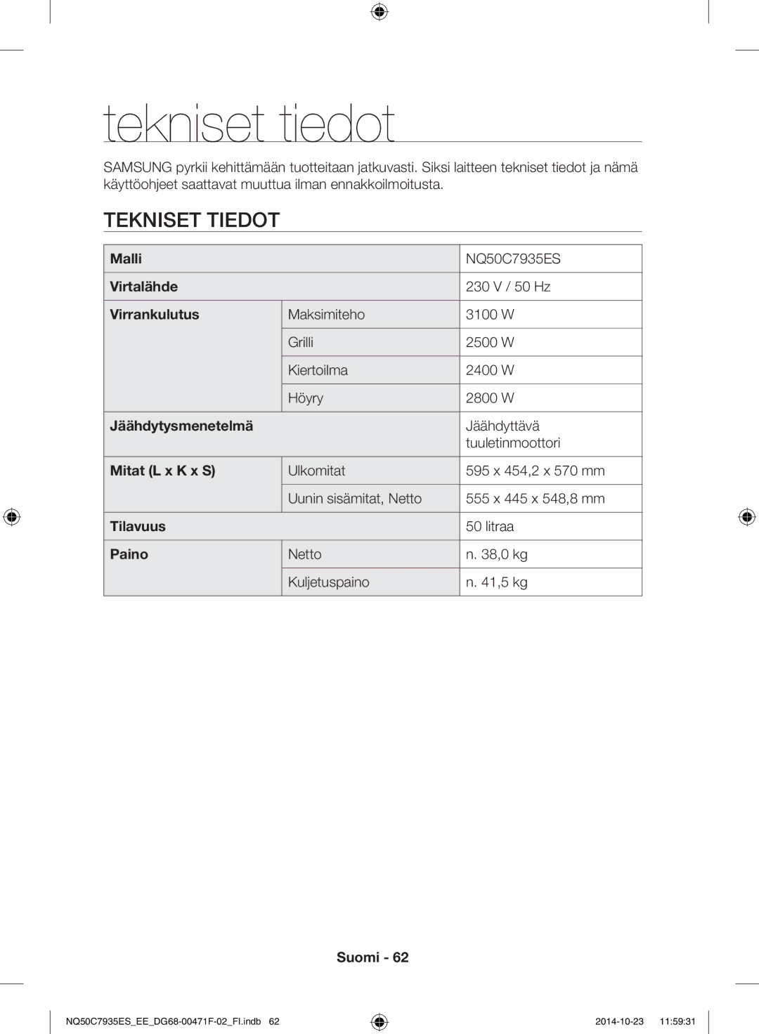 Samsung NQ50C7935ES/EE manual Tekniset tiedot 