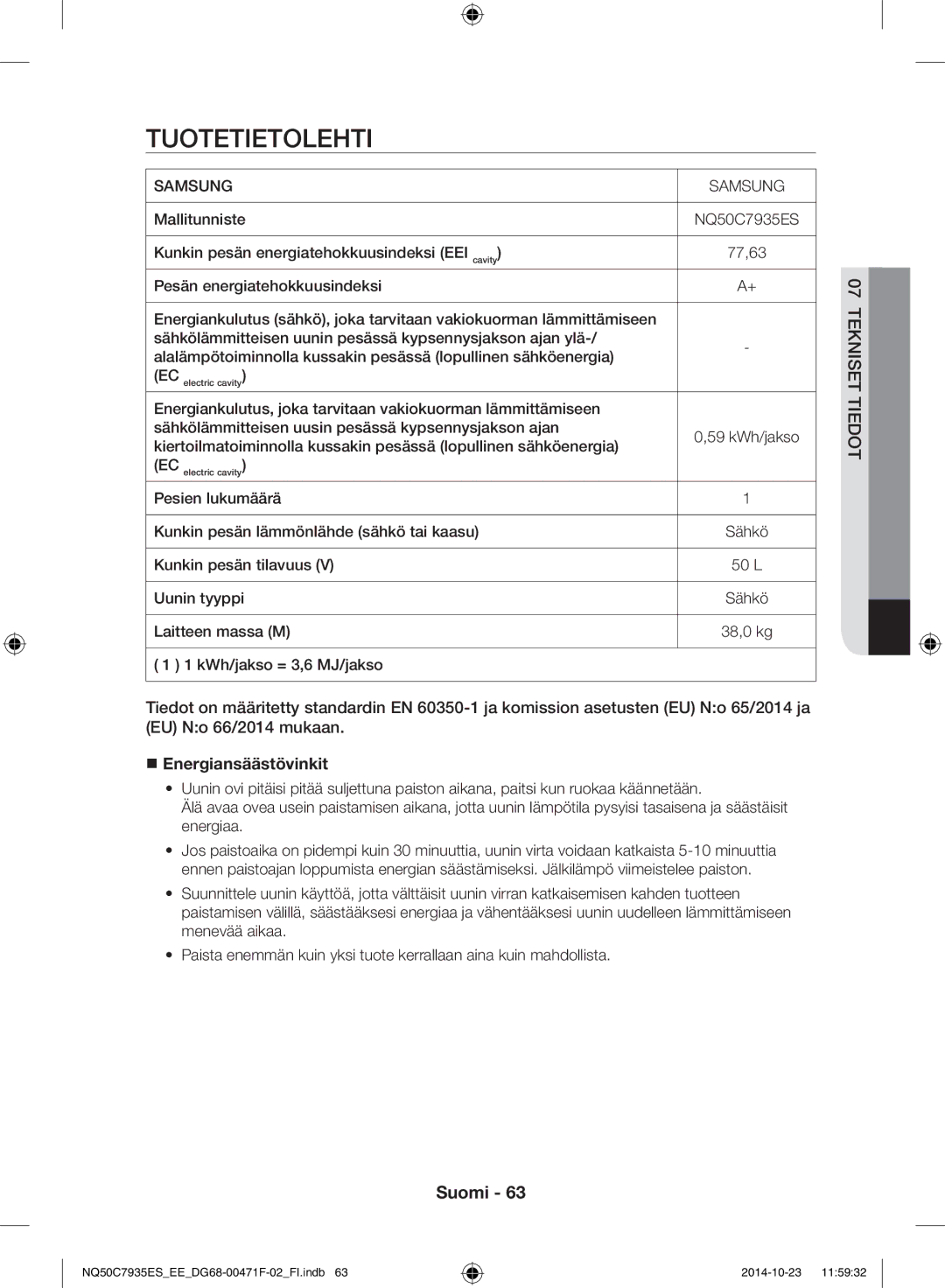 Samsung NQ50C7935ES/EE manual Tuotetietolehti, Iedot i nsetk te,  Energiansäästövinkit 