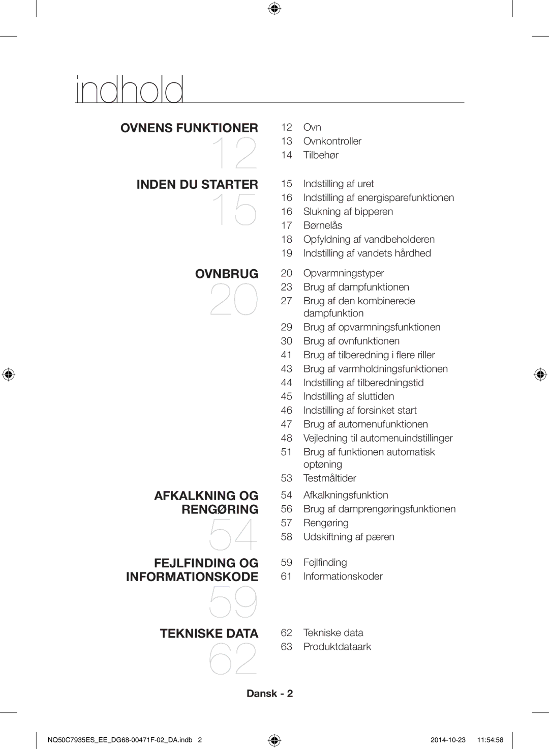 Samsung NQ50C7935ES/EE manual Indhold, Opvarmningstyper Brug af dampfunktionen 