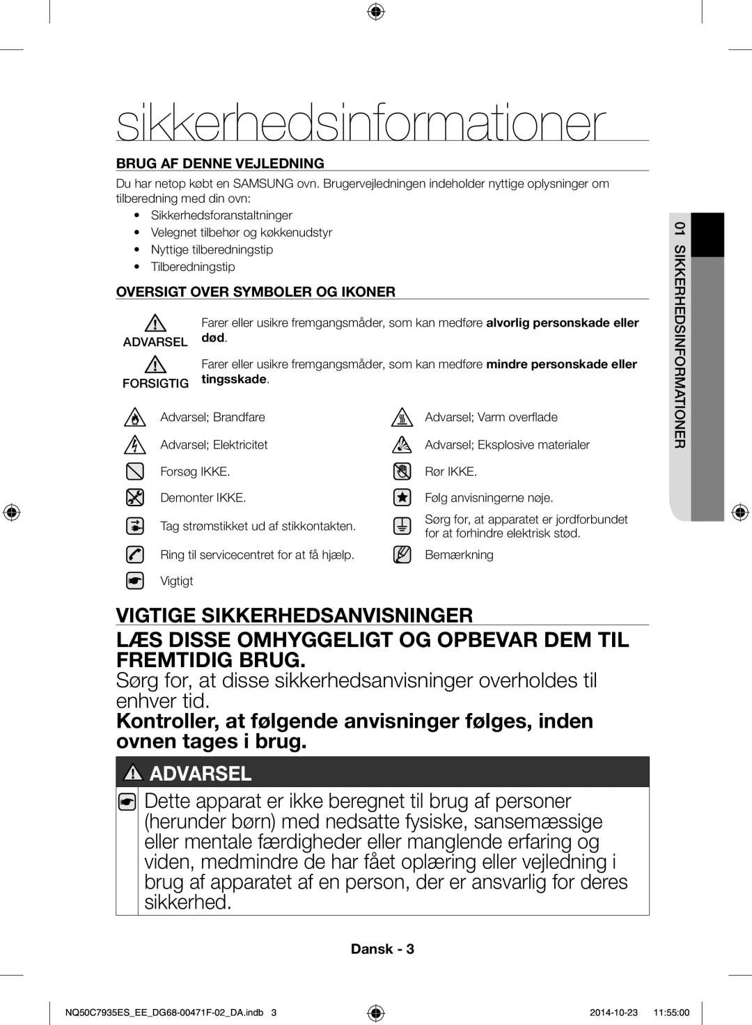 Samsung NQ50C7935ES/EE manual Sikkerhedsinformationer 