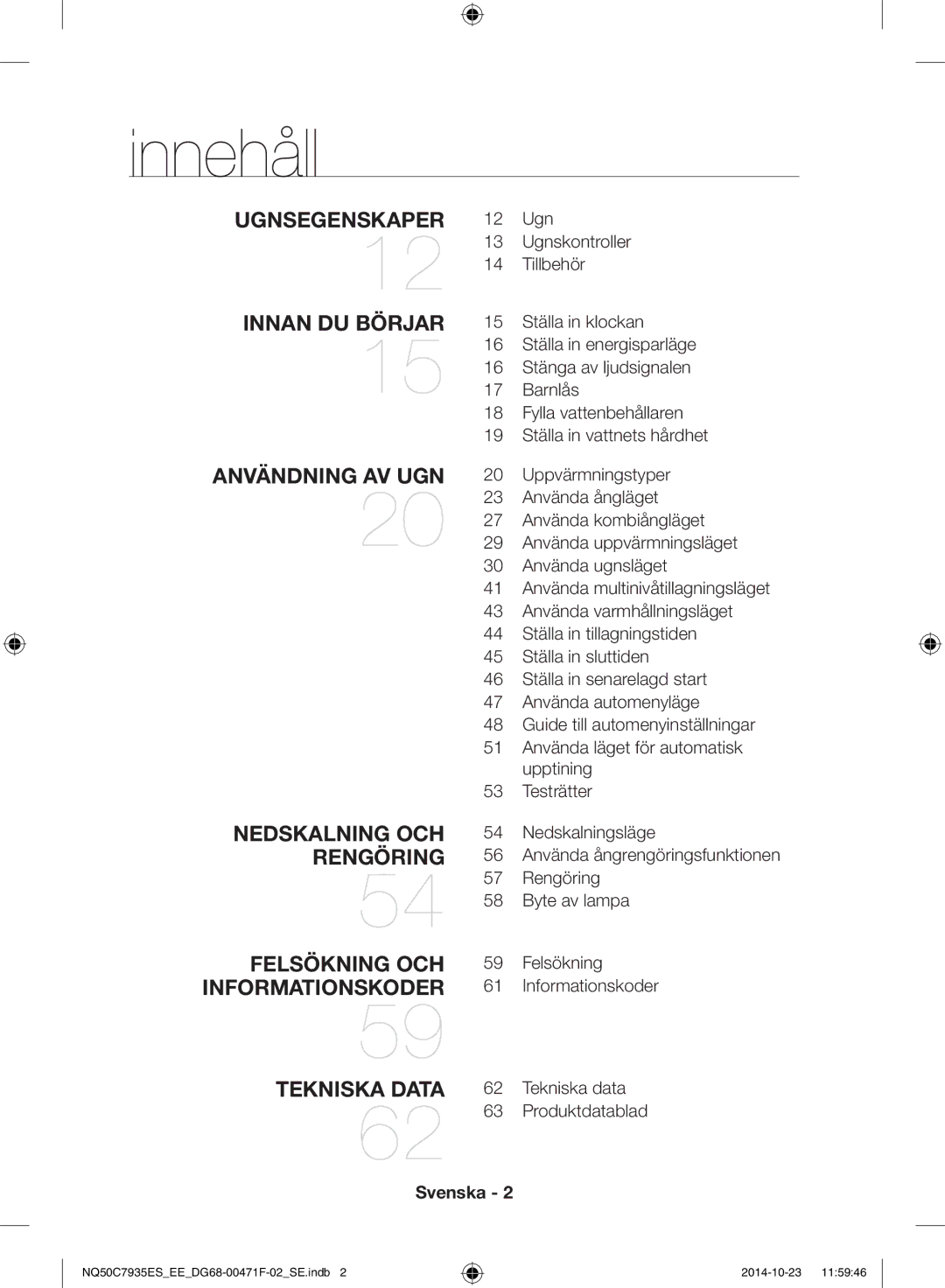 Samsung NQ50C7935ES/EE manual Innehåll, Ugn, Tillbehör 