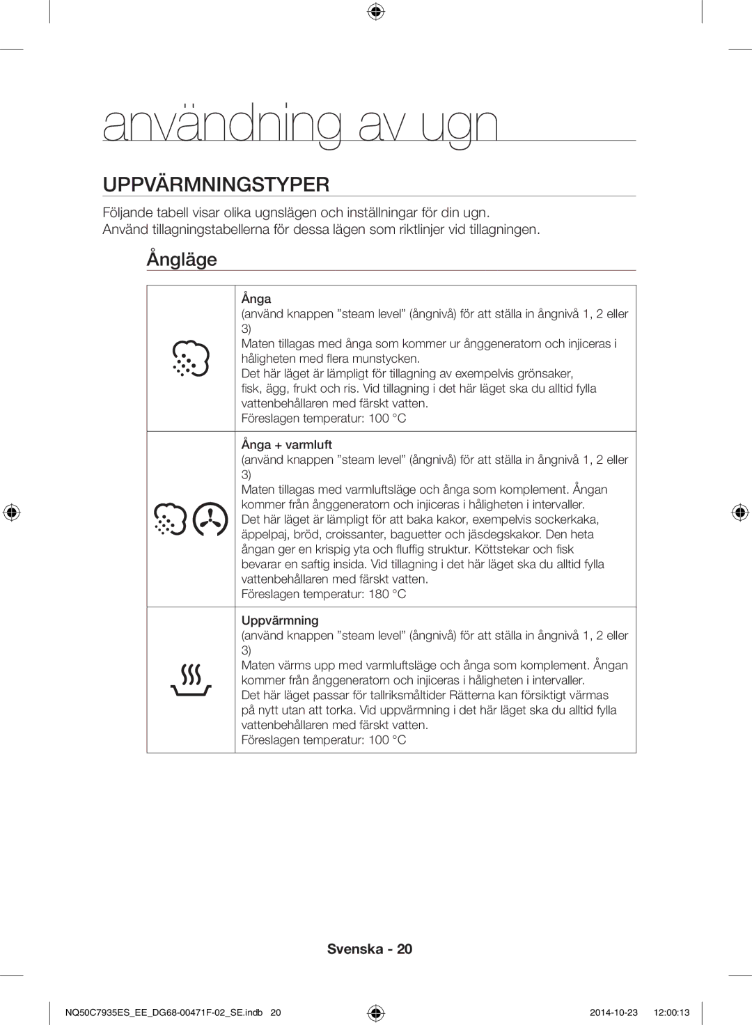 Samsung NQ50C7935ES/EE manual Användning av ugn, Uppvärmningstyper, Ångläge 