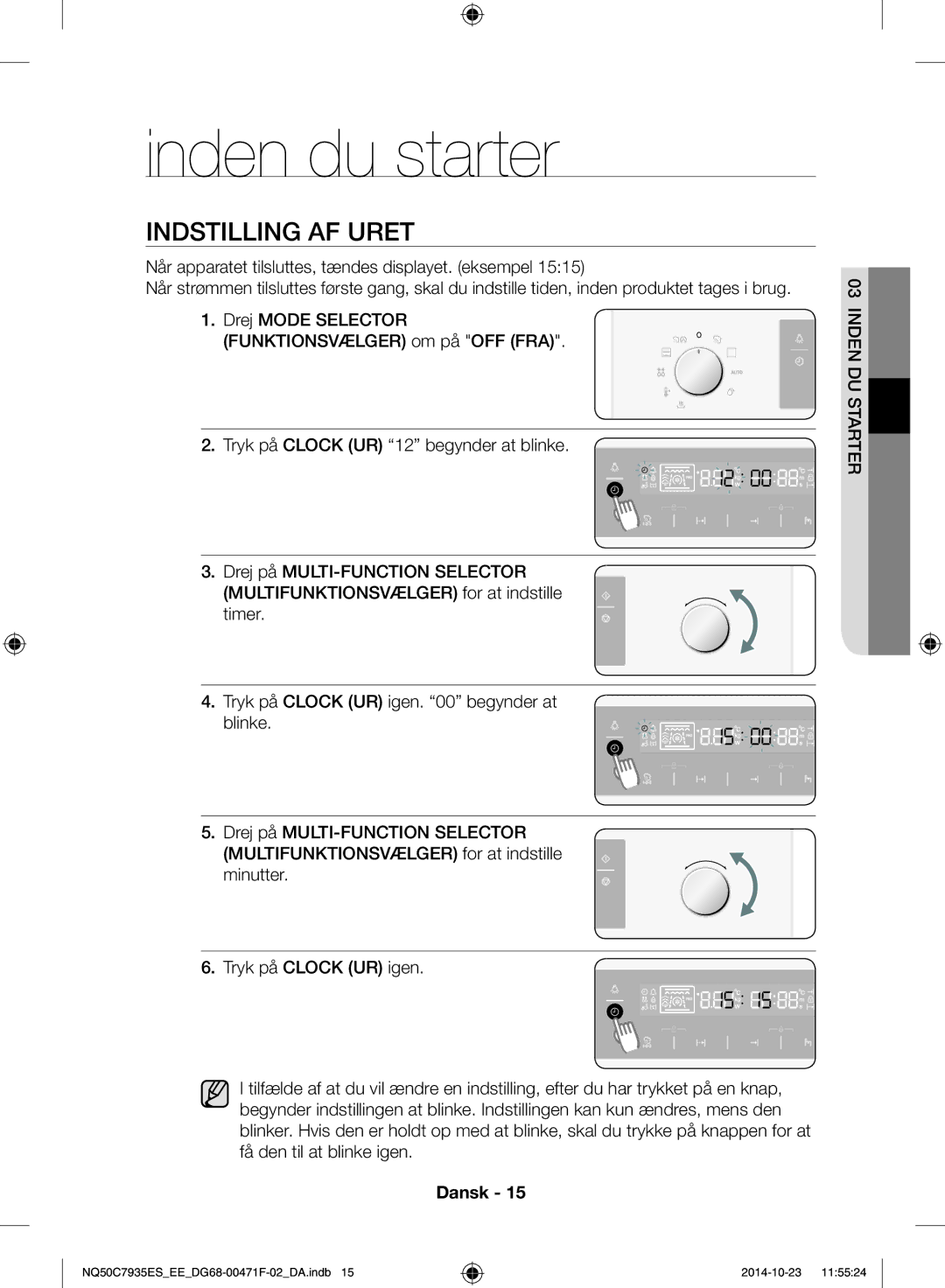 Samsung NQ50C7935ES/EE manual Inden du starter, Indstilling af uret 