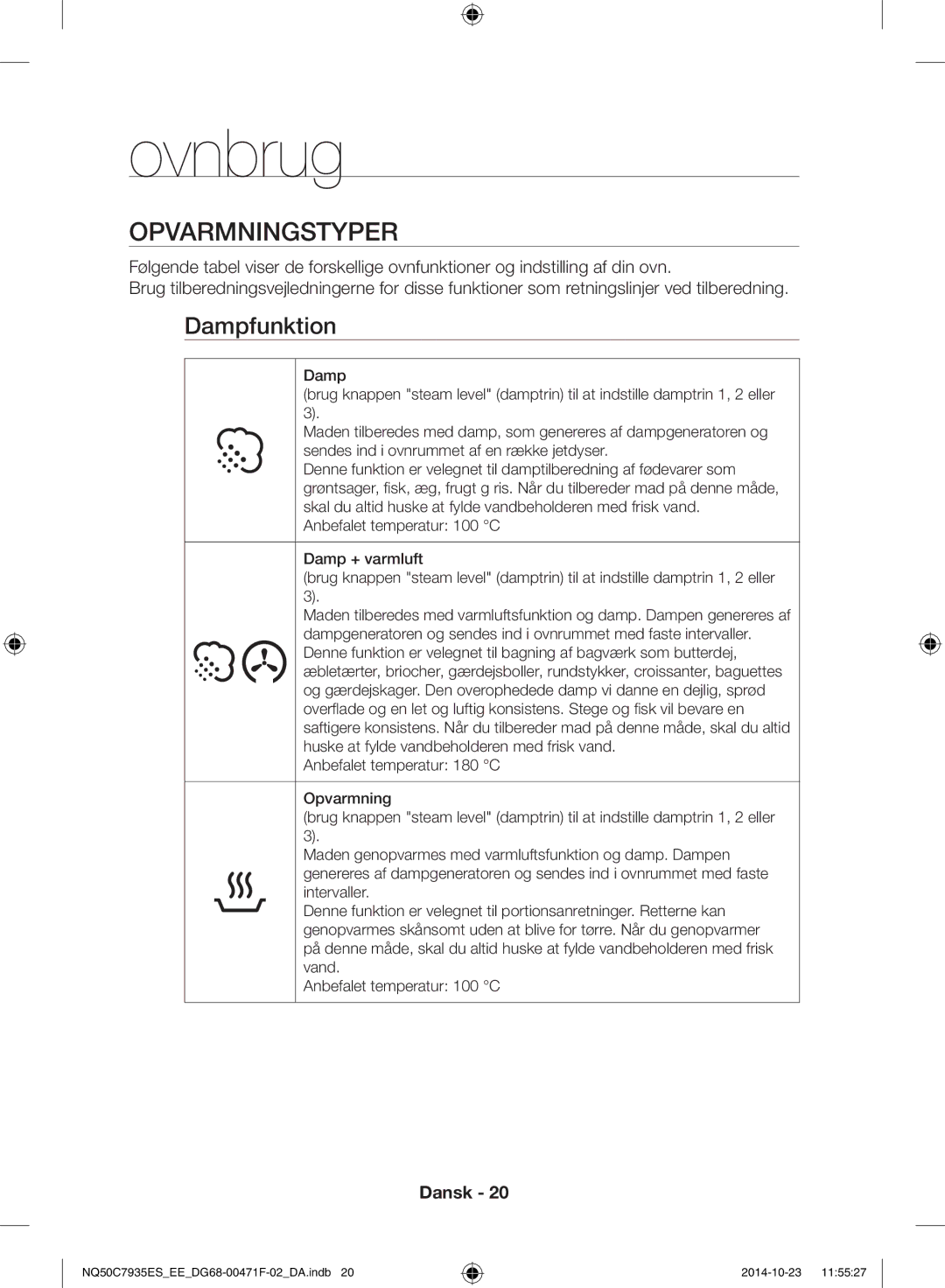 Samsung NQ50C7935ES/EE manual Ovnbrug, Opvarmningstyper, Dampfunktion 