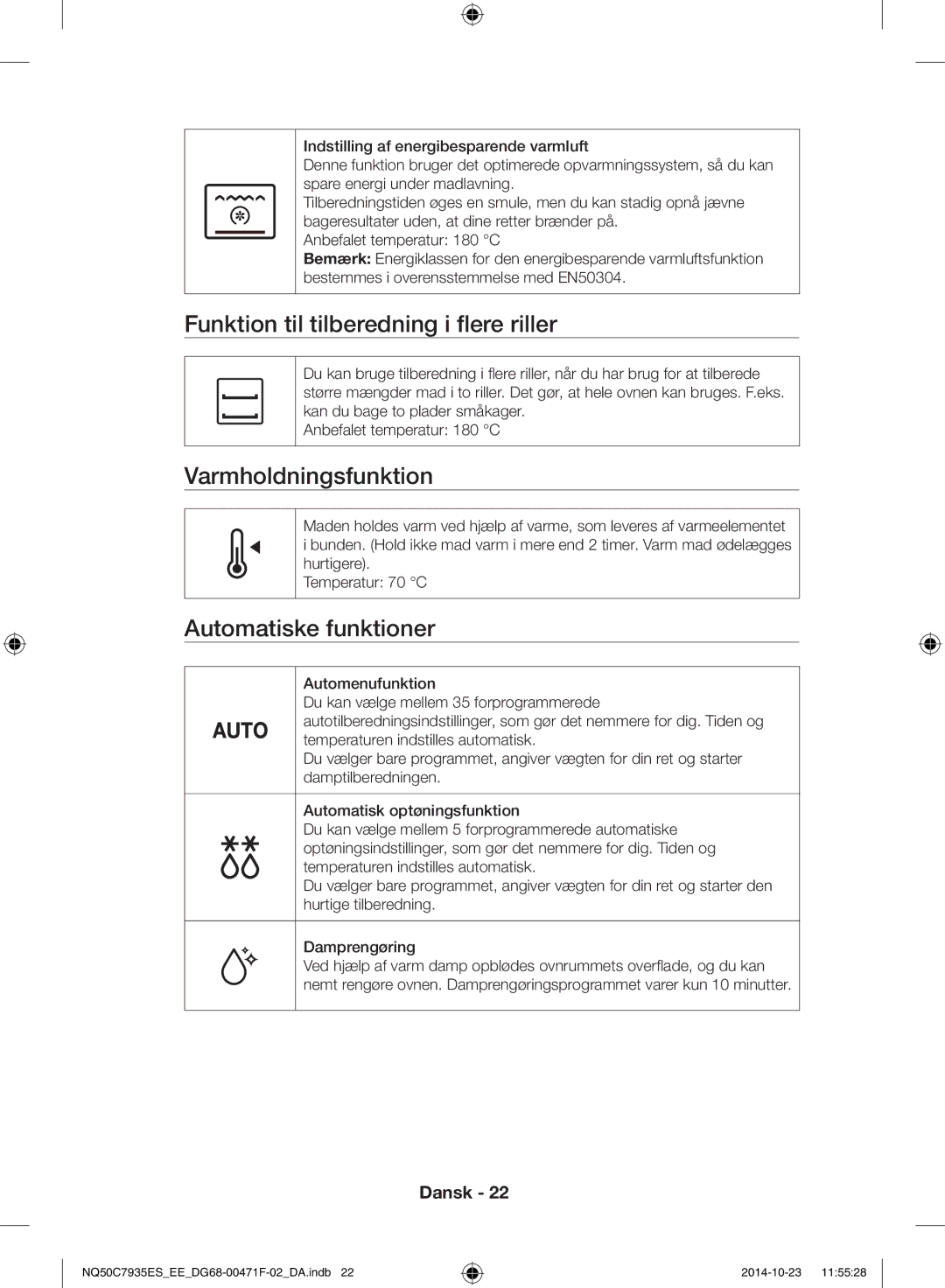 Samsung NQ50C7935ES/EE manual Funktion til tilberedning i flere riller, Varmholdningsfunktion, Automatiske funktioner 