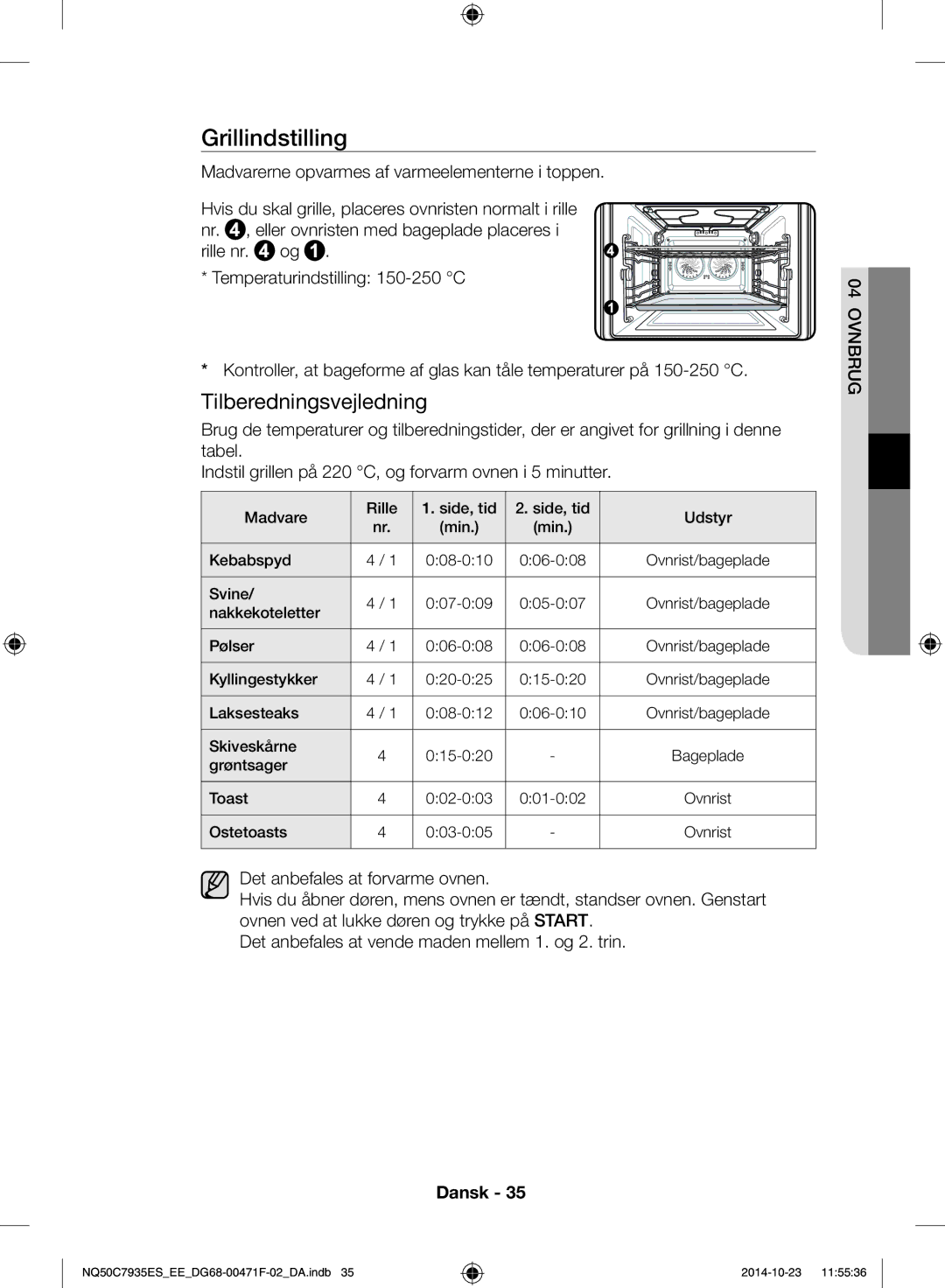 Samsung NQ50C7935ES/EE manual Grillindstilling 