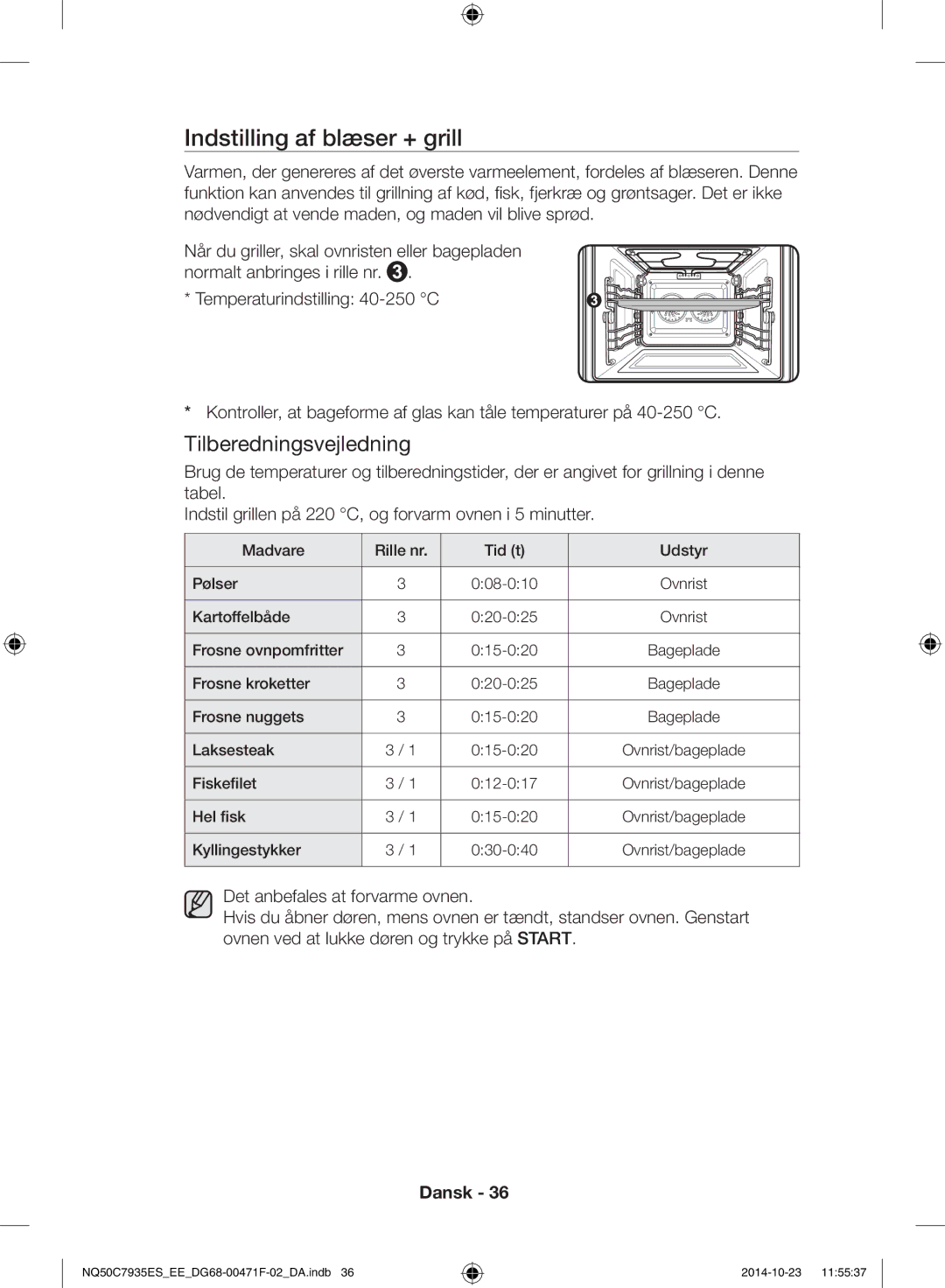 Samsung NQ50C7935ES/EE manual Indstilling af blæser + grill 