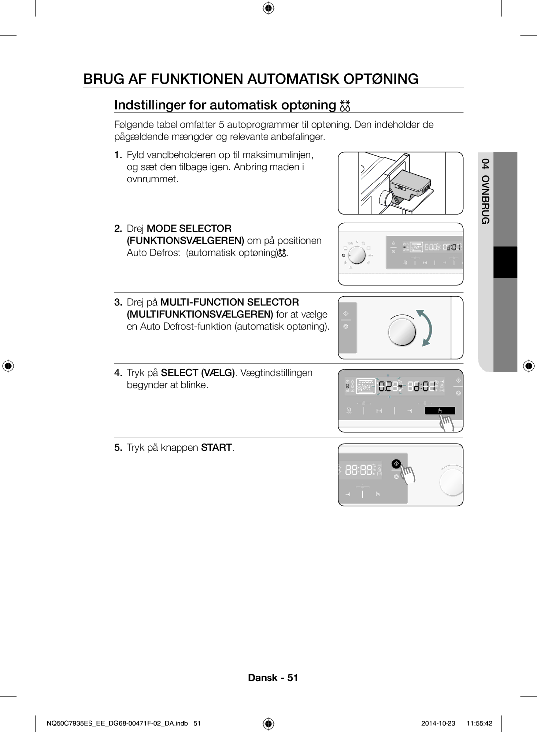 Samsung NQ50C7935ES/EE manual Brug af funktionen automatisk optøning, Indstillinger for automatisk optøning 