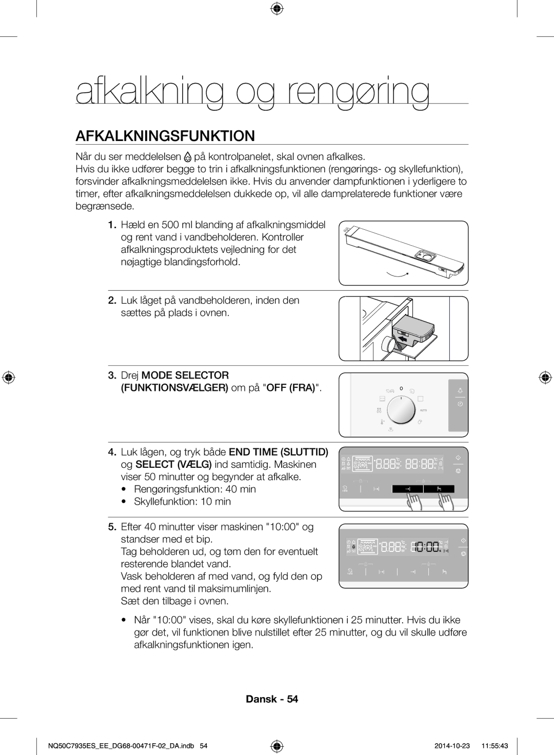 Samsung NQ50C7935ES/EE manual Afkalkning og rengøring, Afkalkningsfunktion 