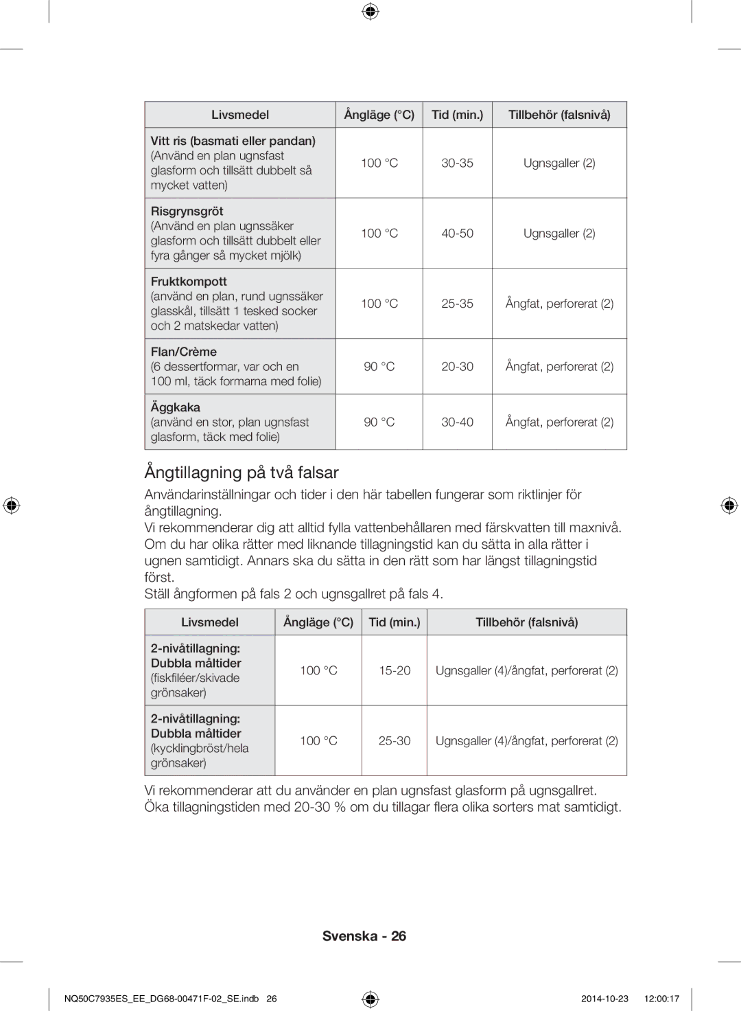 Samsung NQ50C7935ES/EE manual Ångtillagning på två falsar 