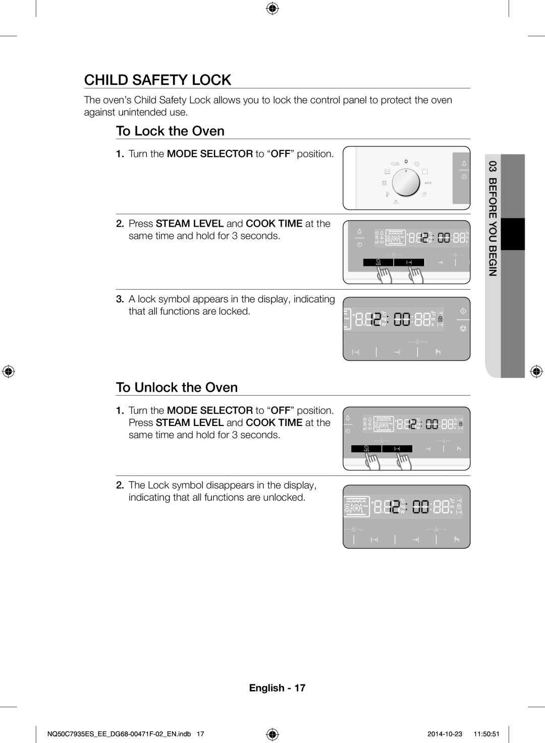 Samsung NQ50C7935ES/EE manual Child safety lock, To Lock the Oven, To Unlock the Oven 