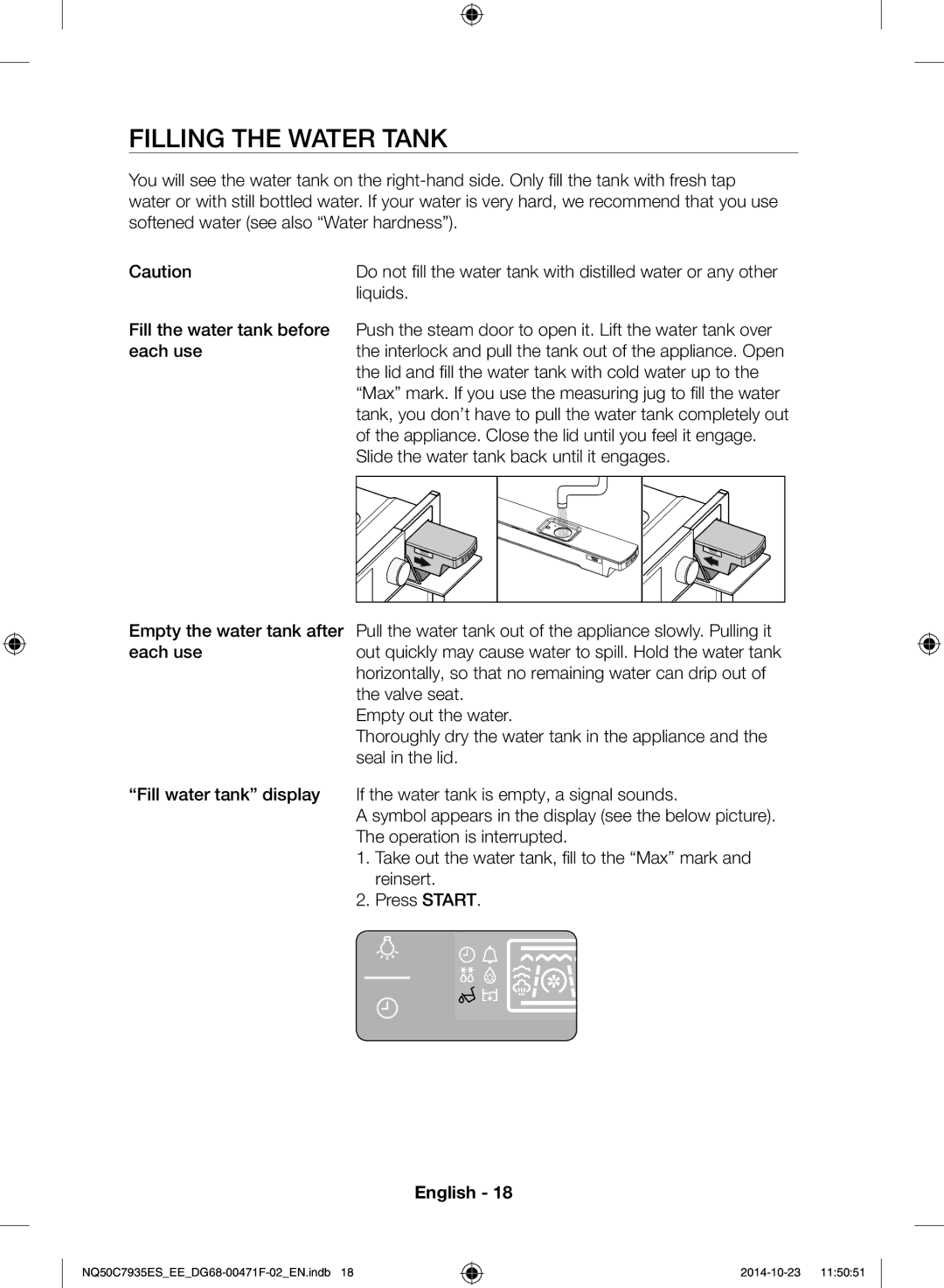 Samsung NQ50C7935ES/EE manual Filling the water tank, Liquids, Lid and fill the water tank with cold water up to 