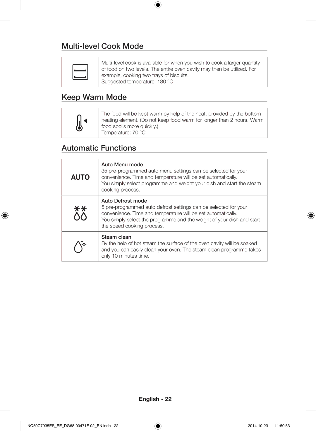 Samsung NQ50C7935ES/EE manual Multi-level Cook Mode, Keep Warm Mode, Automatic Functions 