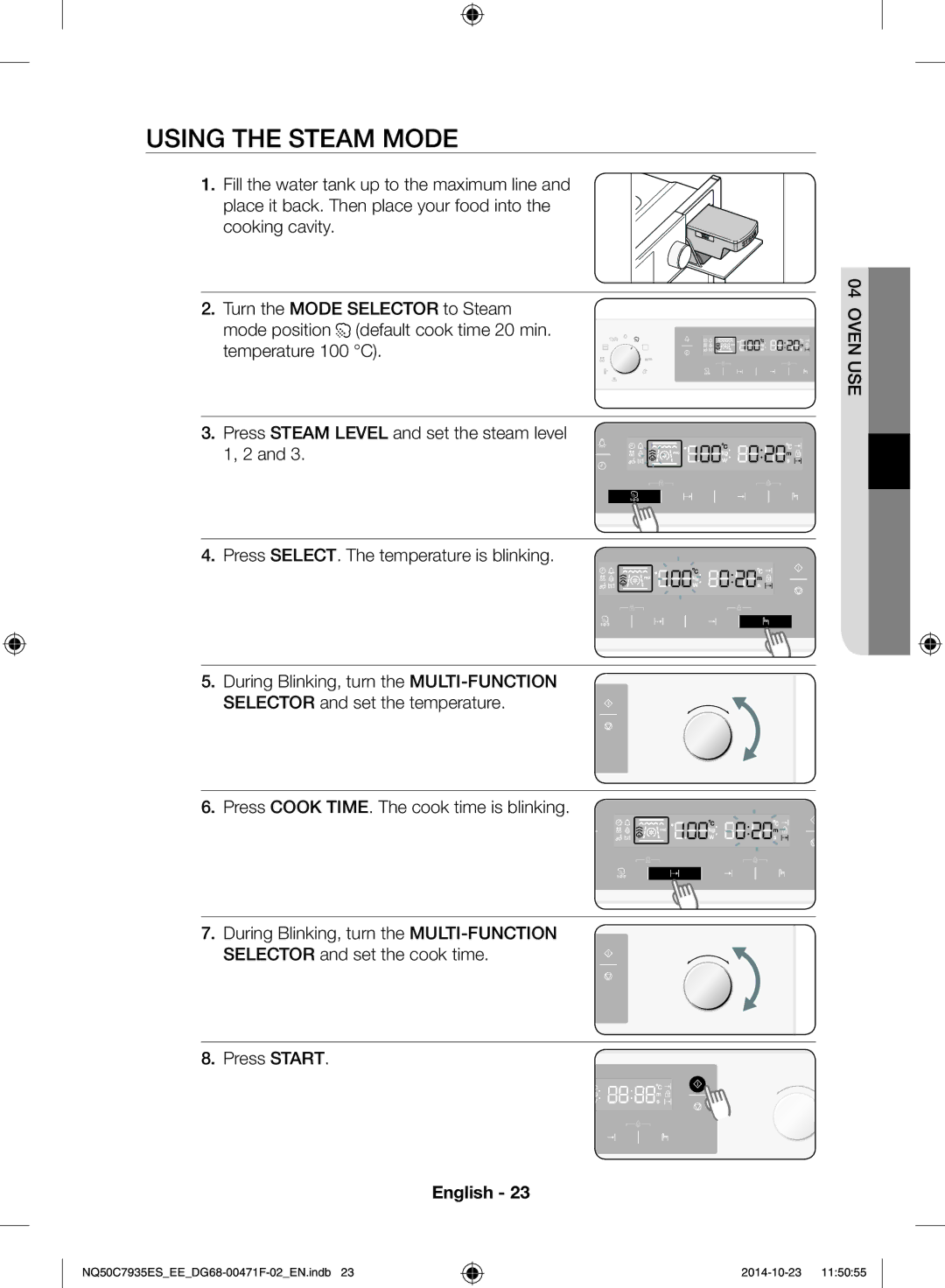 Samsung NQ50C7935ES/EE manual Using the steam mode, Press Cook TIME. The cook time is blinking 