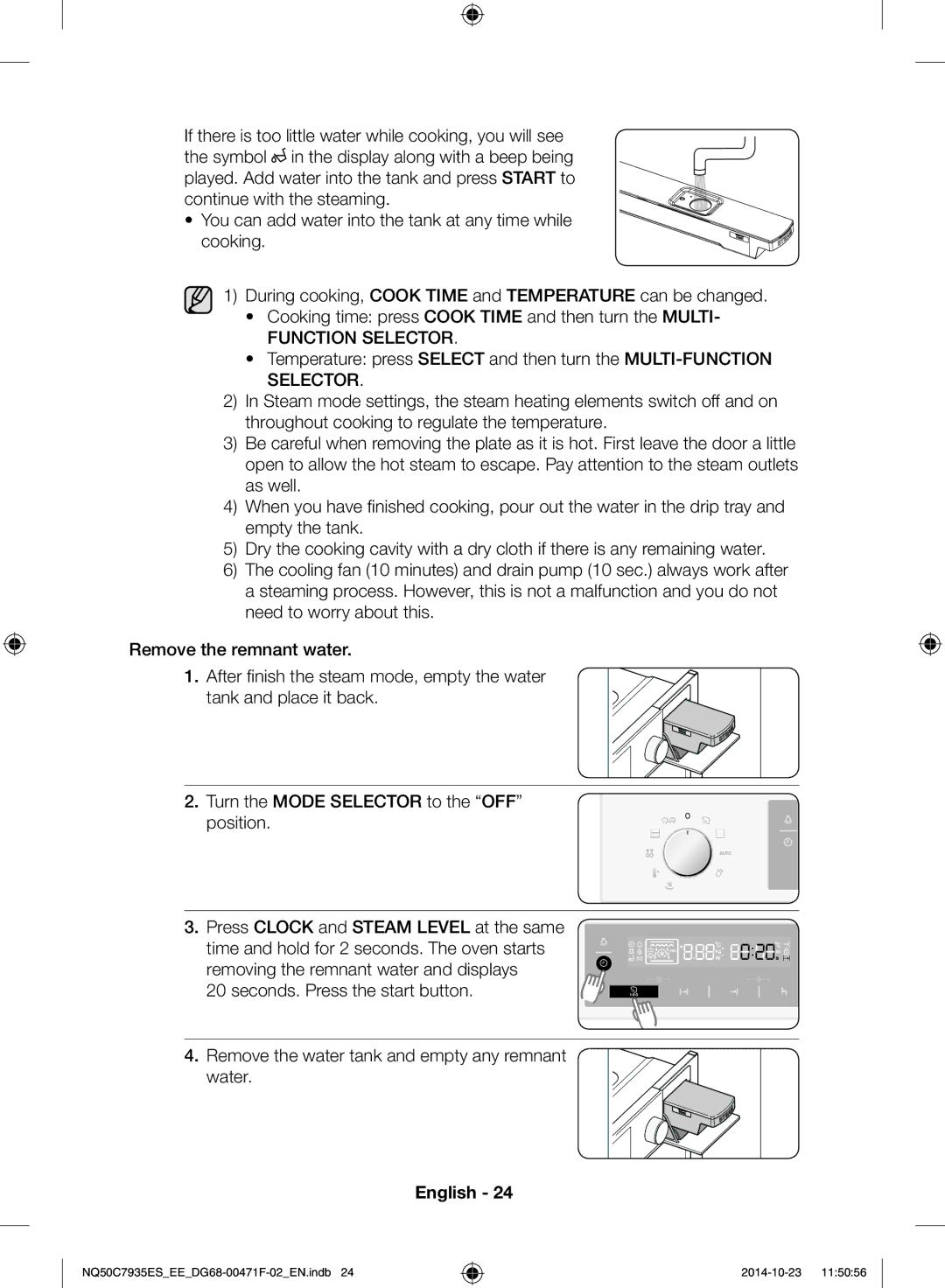 Samsung NQ50C7935ES/EE manual Function Selector, Remove the water tank and empty any remnant water 