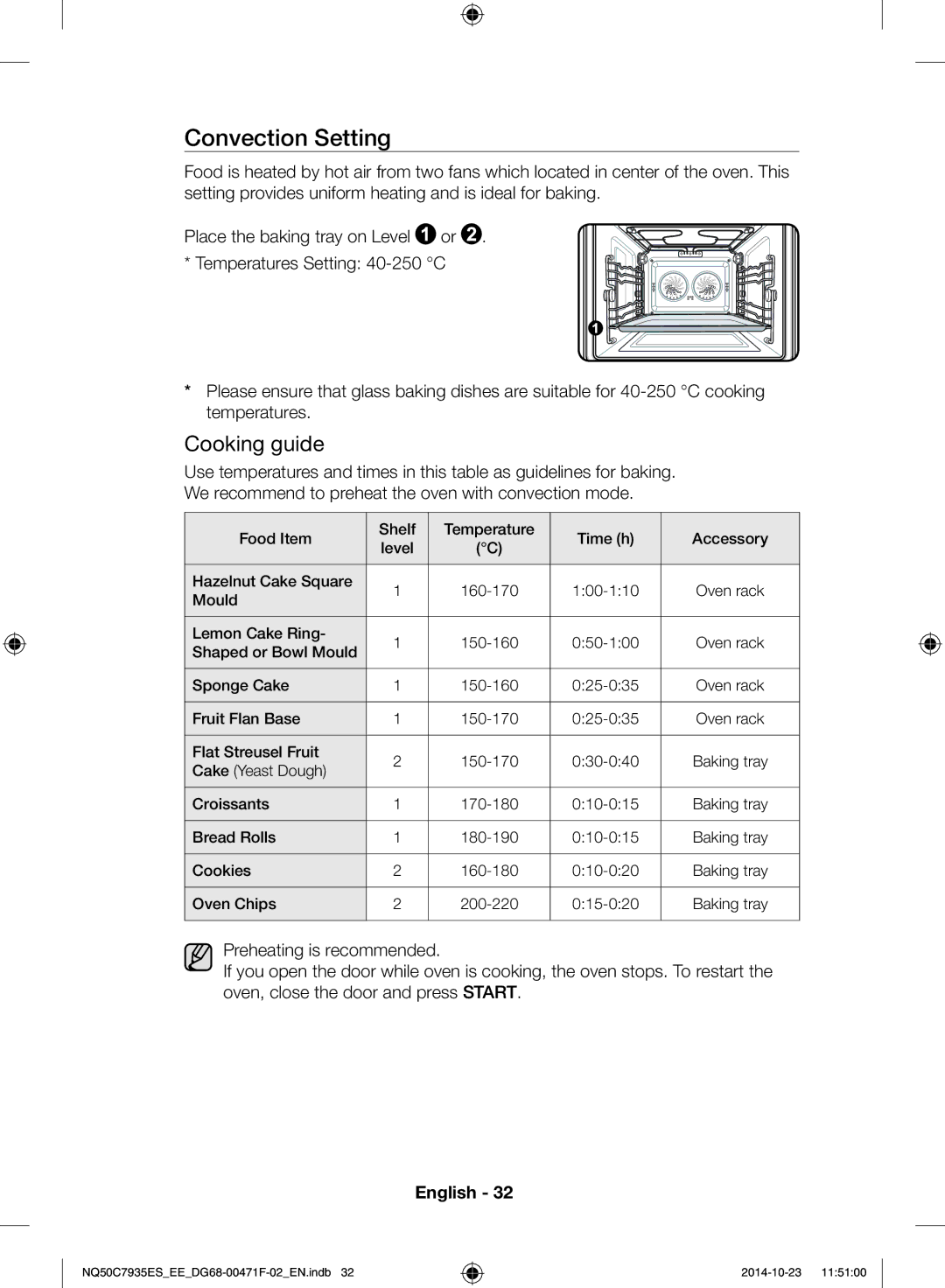 Samsung NQ50C7935ES/EE manual Convection Setting, Cooking guide 