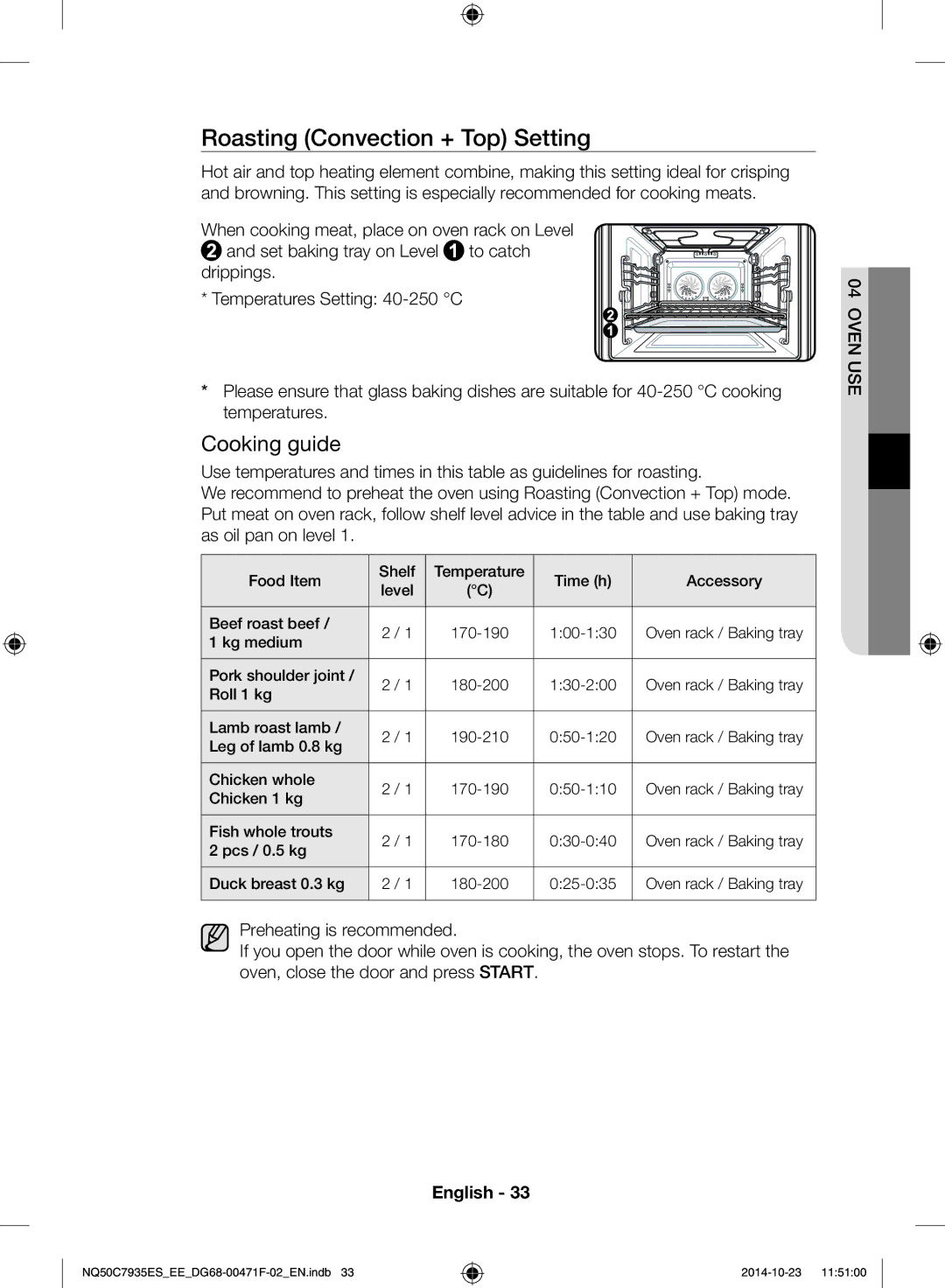 Samsung NQ50C7935ES/EE manual Roasting Convection + Top Setting 