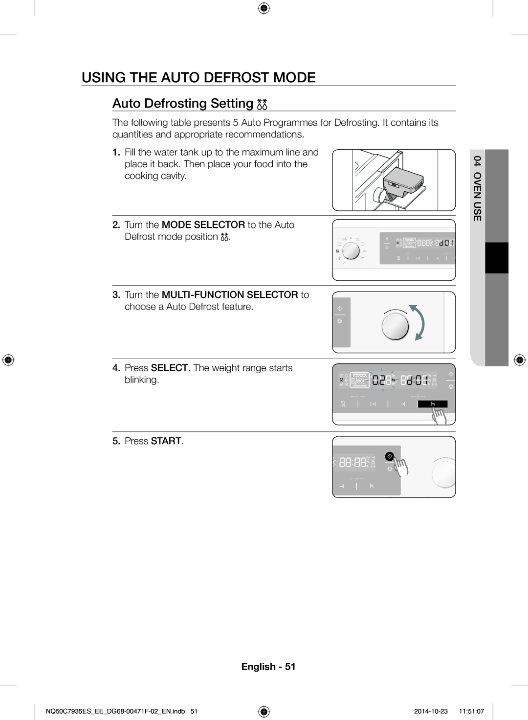 Samsung NQ50C7935ES/EE manual Using the auto defrost mode, Auto Defrosting Setting 