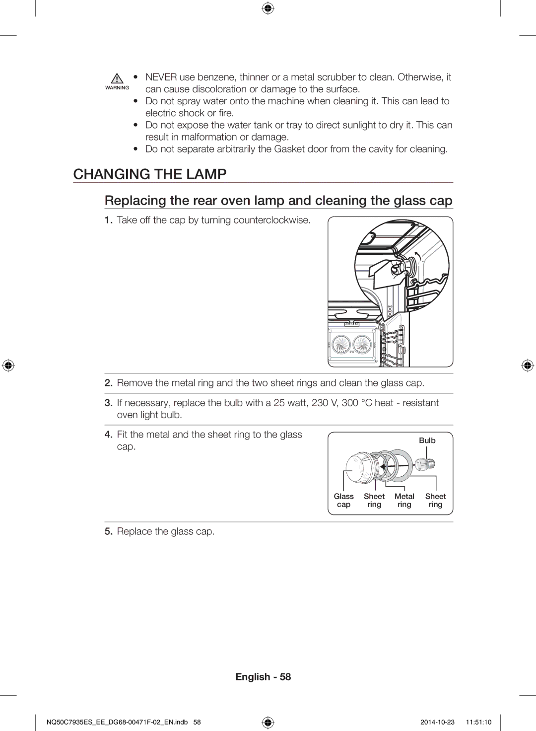Samsung NQ50C7935ES/EE manual Changing the lamp, Replacing the rear oven lamp and cleaning the glass cap, Cap 