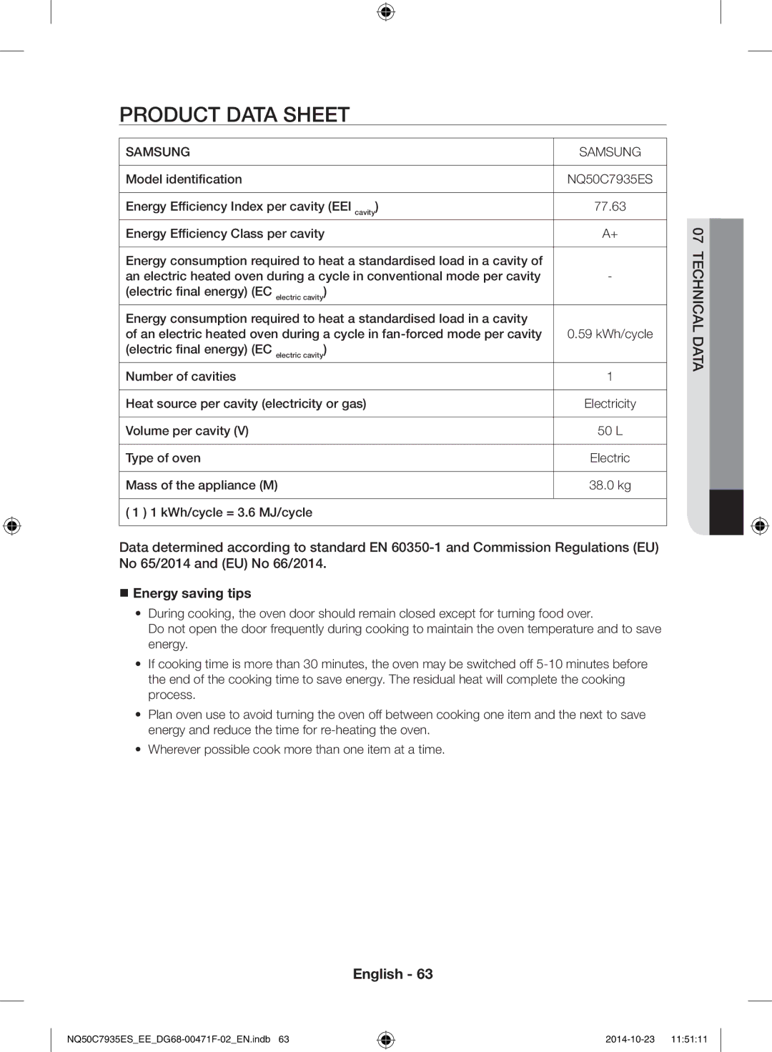 Samsung NQ50C7935ES/EE manual Product data sheet,  Energy saving tips 