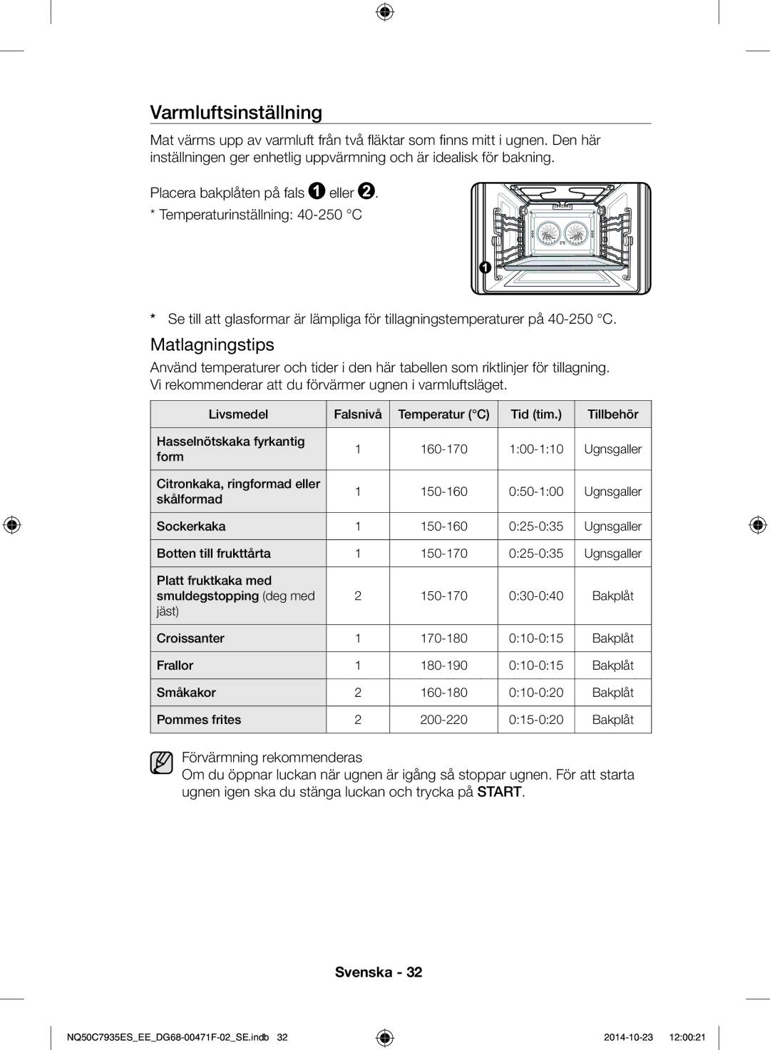 Samsung NQ50C7935ES/EE manual Varmluftsinställning, Matlagningstips 