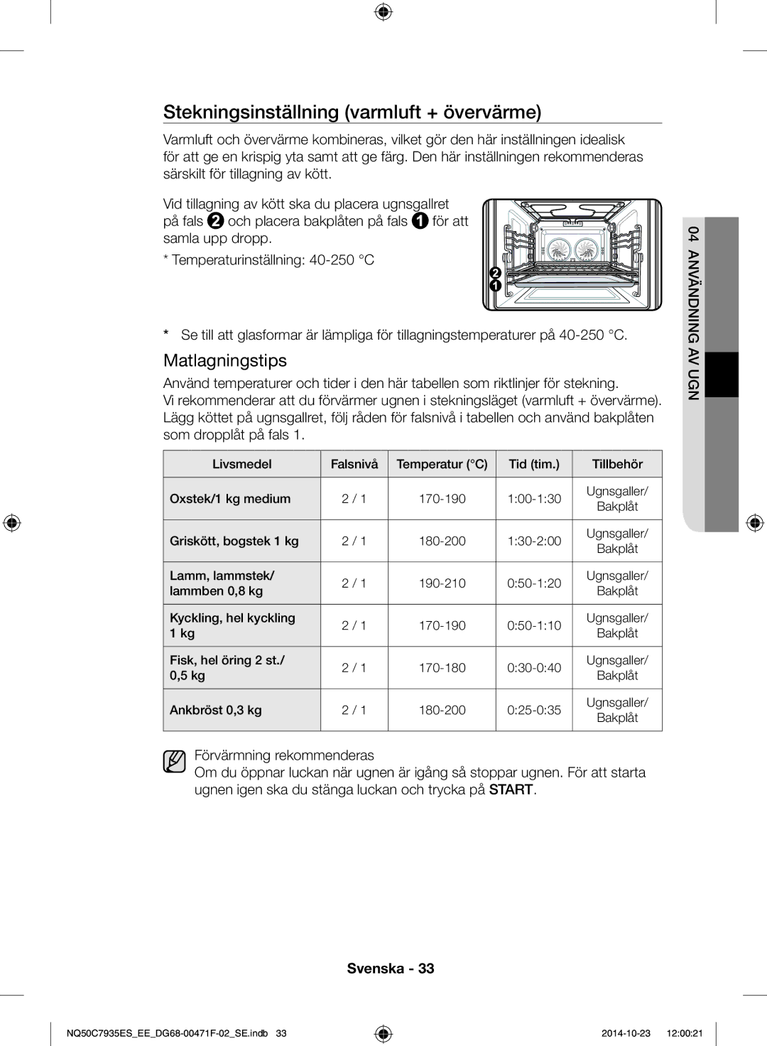 Samsung NQ50C7935ES/EE manual Stekningsinställning varmluft + övervärme 