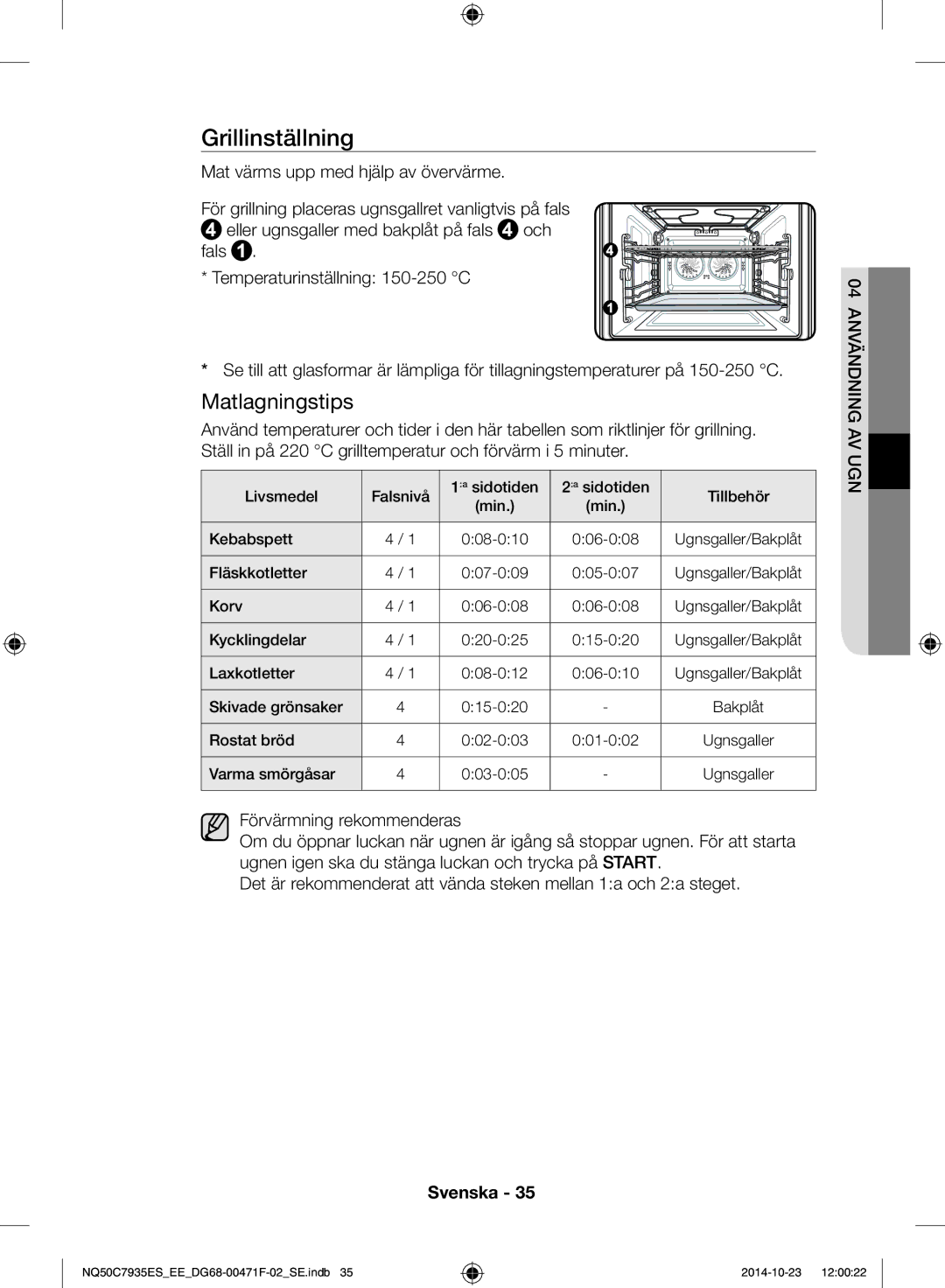 Samsung NQ50C7935ES/EE manual Grillinställning 