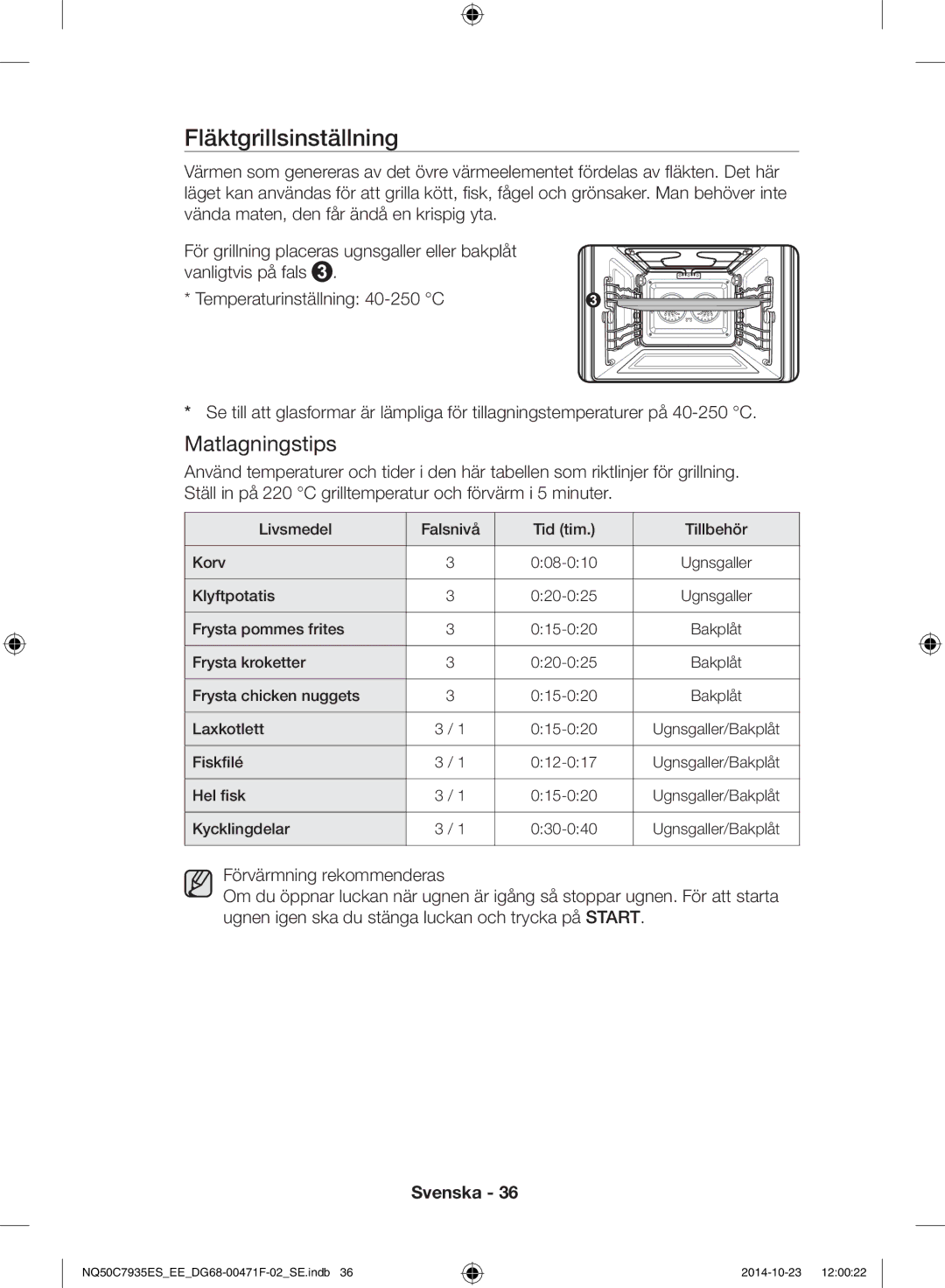 Samsung NQ50C7935ES/EE manual Fläktgrillsinställning 