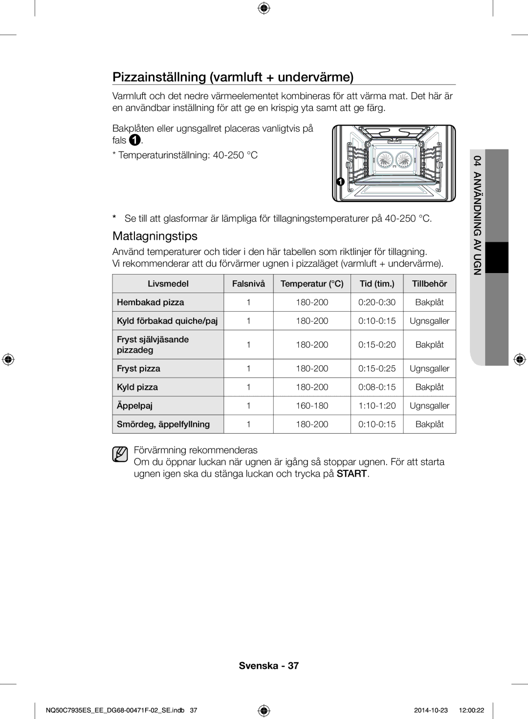 Samsung NQ50C7935ES/EE manual Pizzainställning varmluft + undervärme 