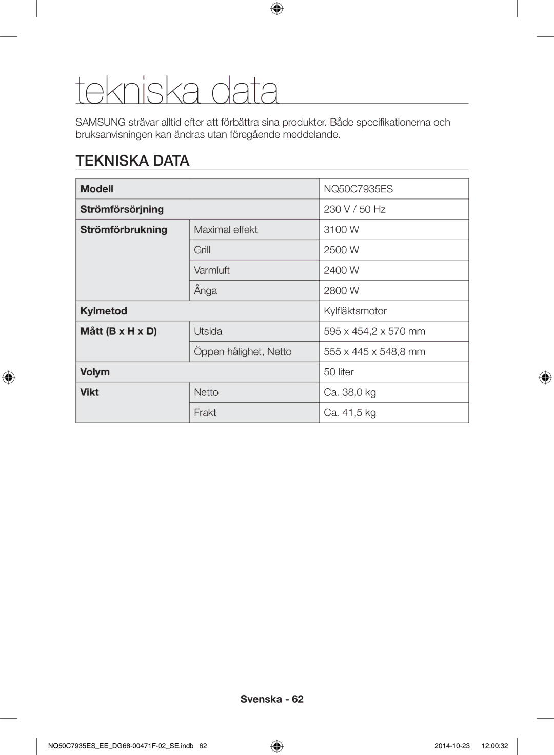 Samsung NQ50C7935ES/EE manual Tekniska data 