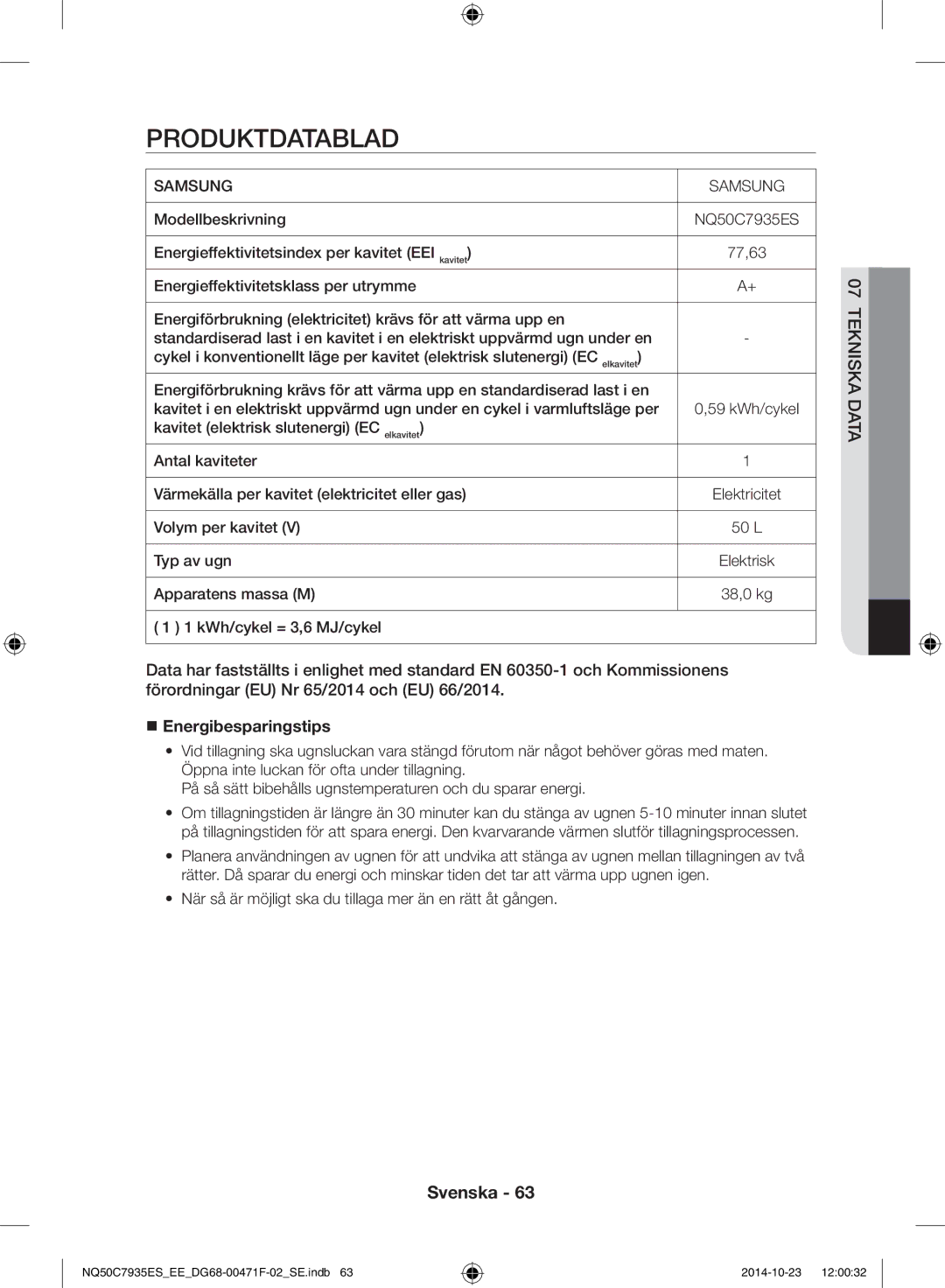 Samsung NQ50C7935ES/EE manual Produktdatablad,  Energibesparingstips 