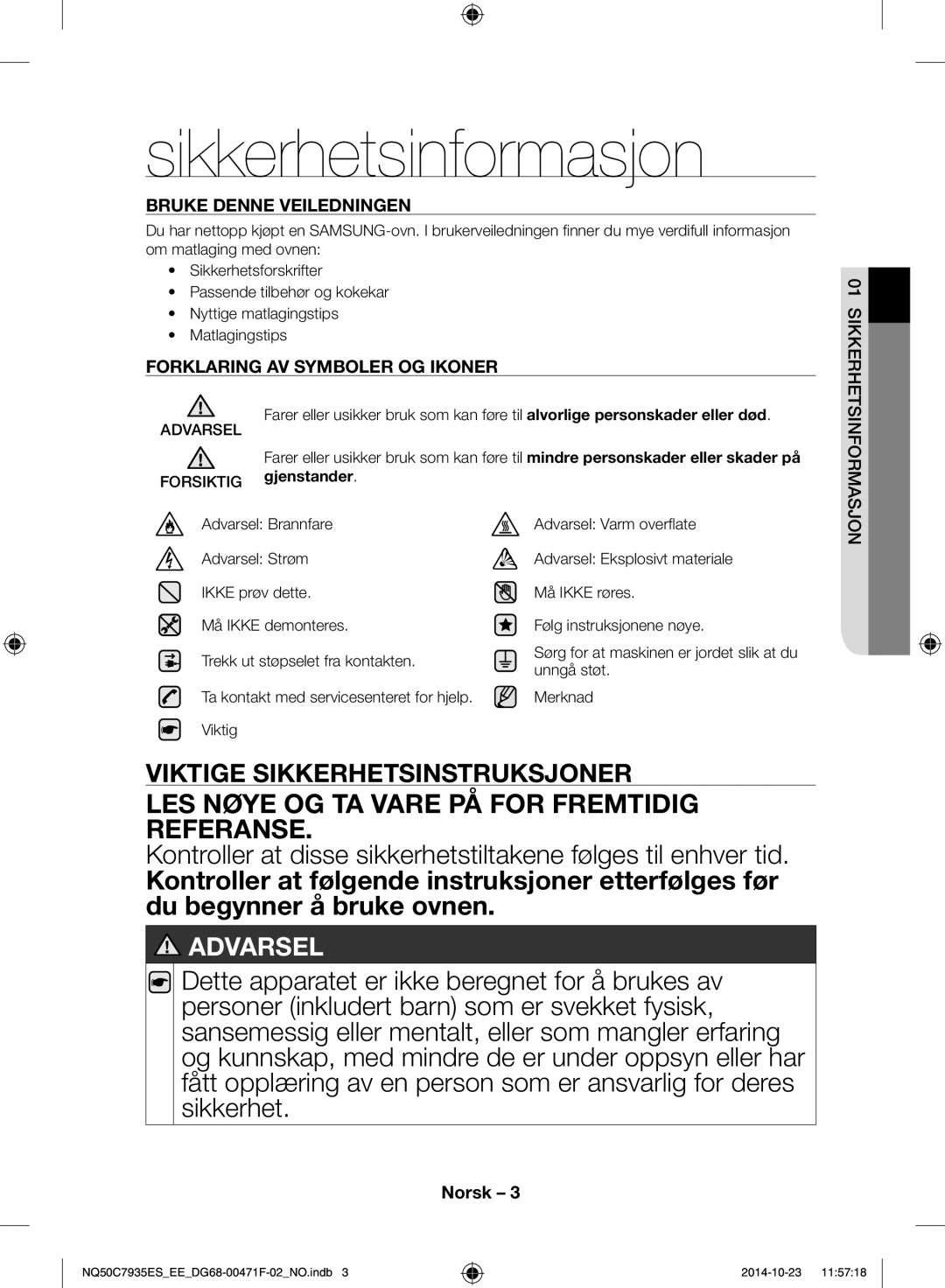 Samsung NQ50C7935ES/EE manual Sikkerhetsinformasjon, Gjenstander 